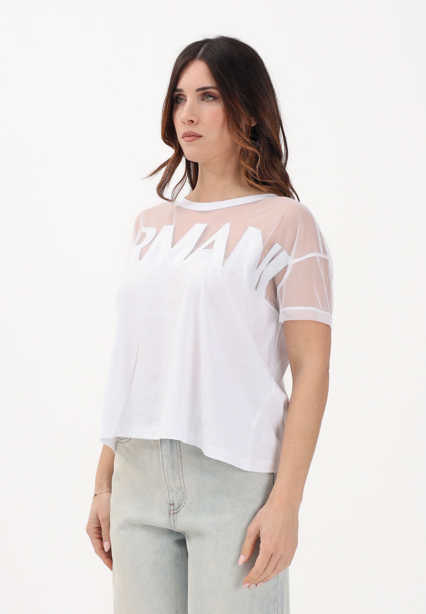ARMANI EXCHANGE T-shirt a manica corta bianca da donna con inserto in tulle trasparente XW002332AF10356 U0002 ARMANI EXCHANGE 
