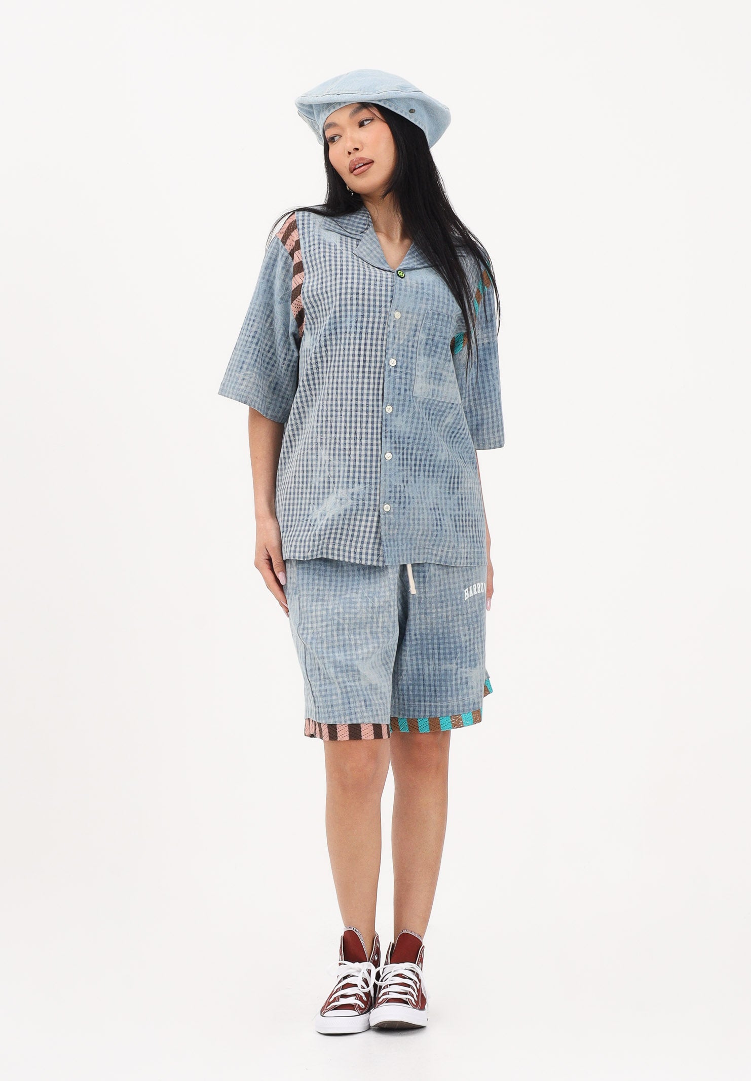 BARROW Shorts celeste per uomo e donna con stampa micro check S6BWUABE056 172 BARROW 