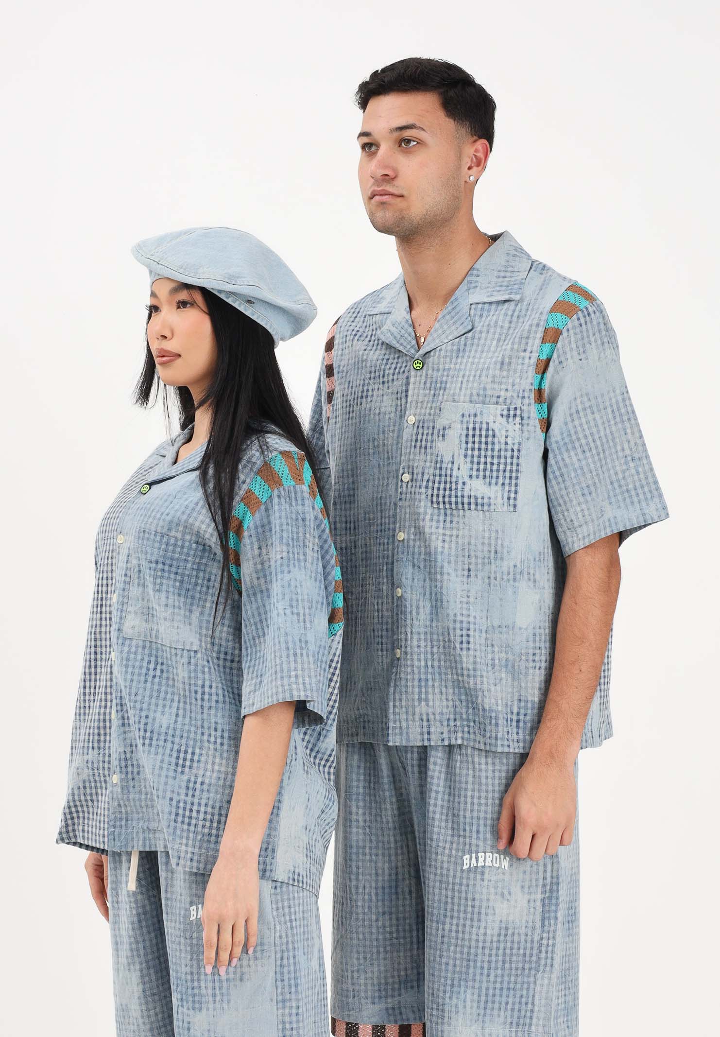 BARROW Camicia a manica corta celeste per uomo e donna con stampa micro check S6BWUASI055 172 BARROW 