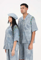 BARROW Camicia a manica corta celeste per uomo e donna con stampa micro check S6BWUASI055 172 BARROW 