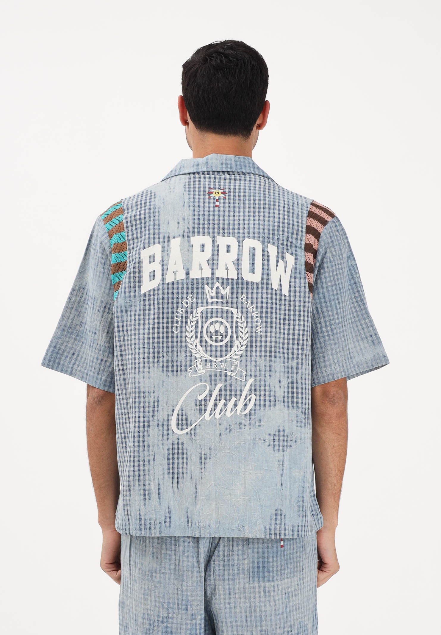BARROW Camicia a manica corta celeste per uomo e donna con stampa micro check S6BWUASI055 172 BARROW 