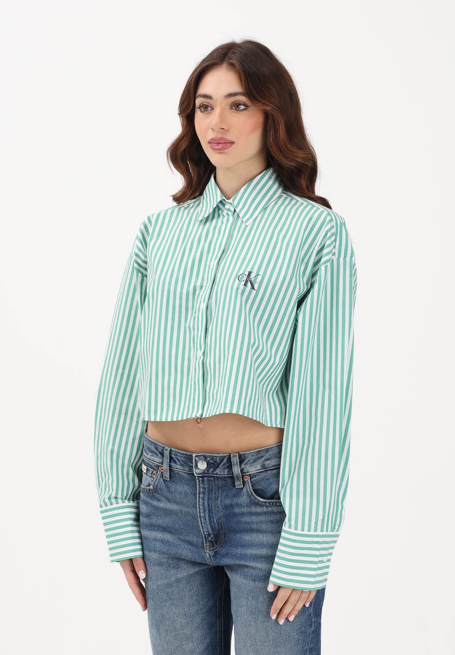 CALVIN KLEIN JEANS Camicia a manica lunga bianca e verde da donna con motivo a righe LV00QS7605 4ZF CALVIN KLEIN JEANS 