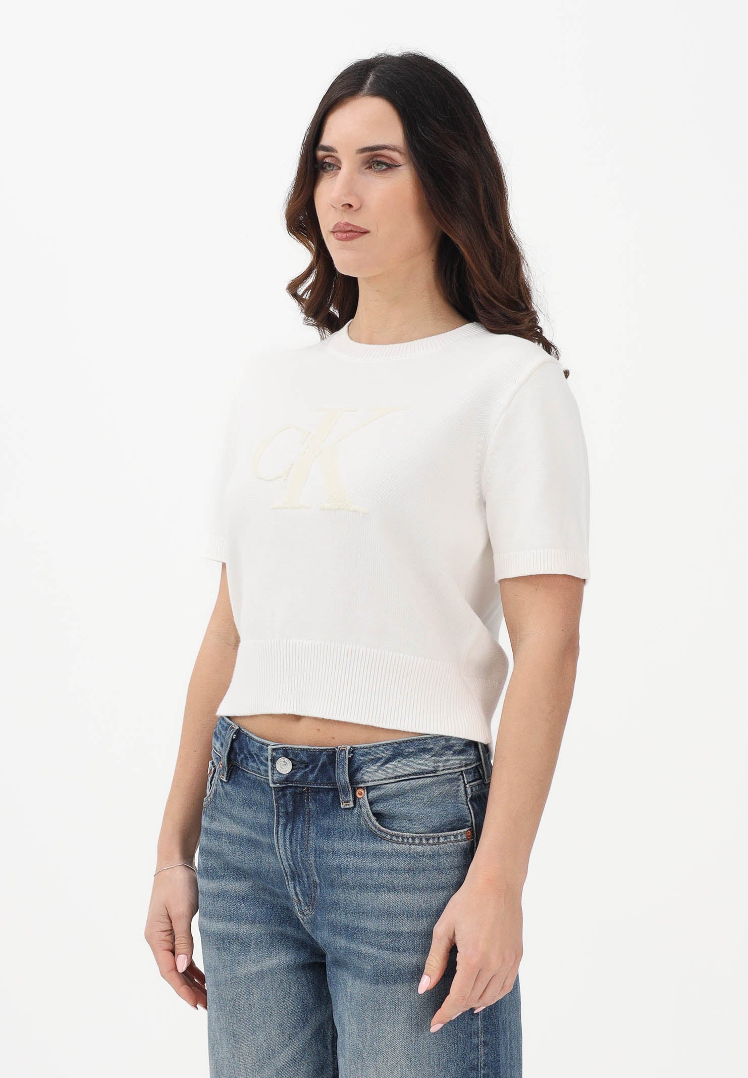 CALVIN KLEIN JEANS Maglia a manica corta panna da donna con logo LV044E306GYBH . CALVIN KLEIN JEANS 