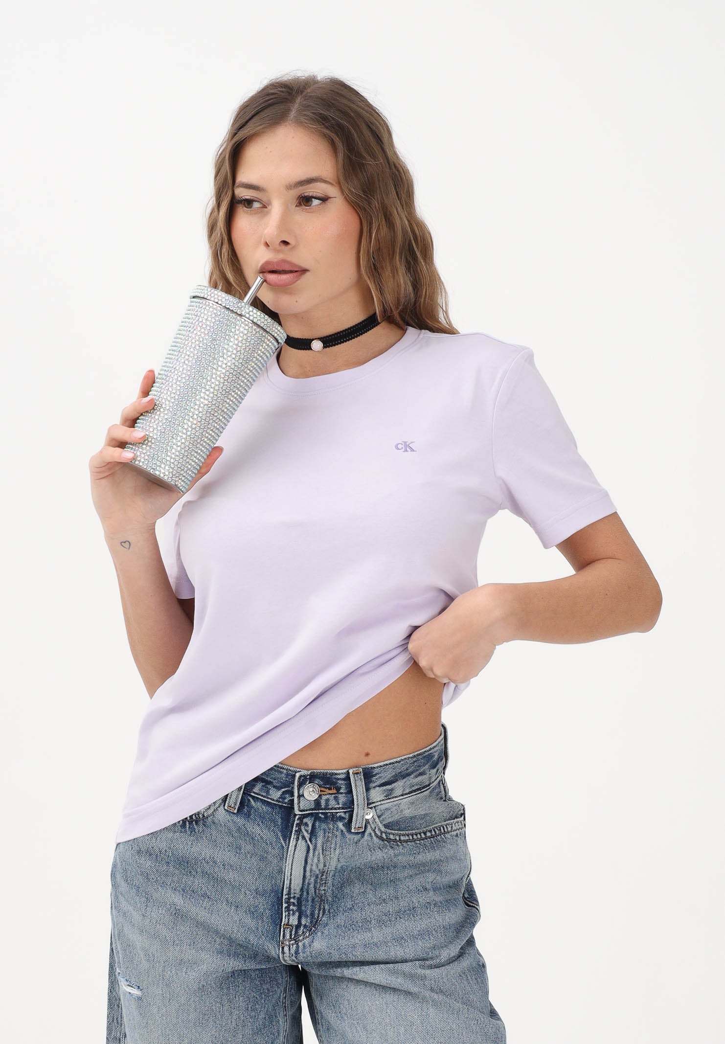 CALVIN KLEIN JEANS T-shirt a manica corta lilla da donna con logo LV047B224G 3OQ CALVIN KLEIN JEANS 