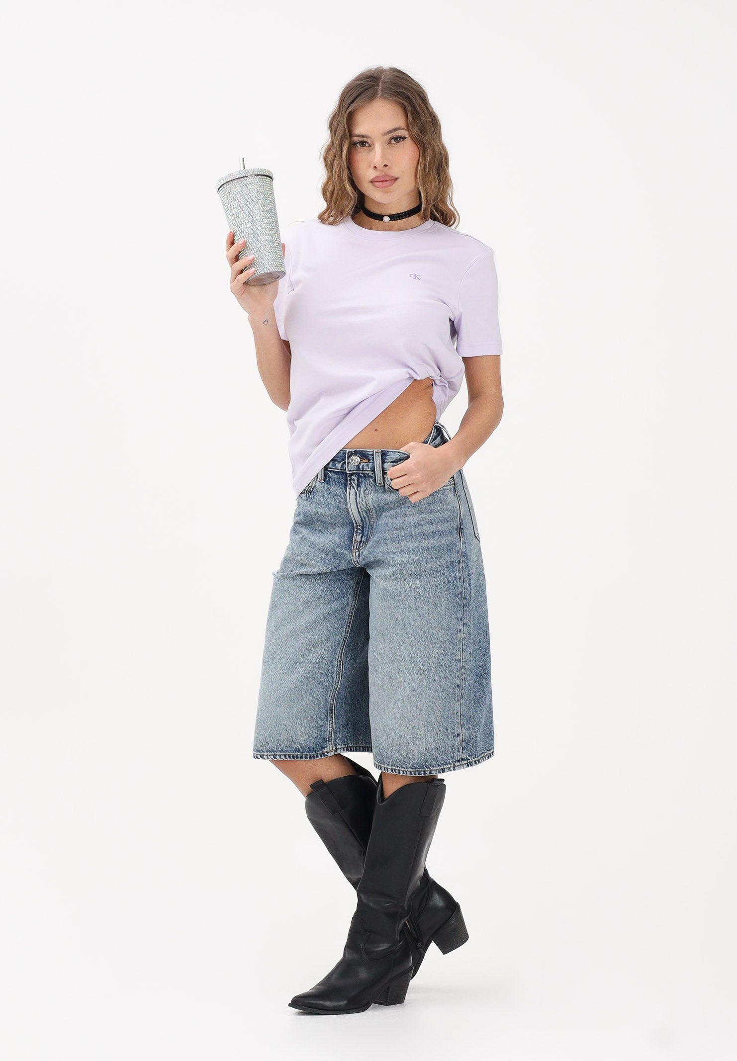 CALVIN KLEIN JEANS T-shirt a manica corta lilla da donna con logo LV047B224G 3OQ CALVIN KLEIN JEANS 
