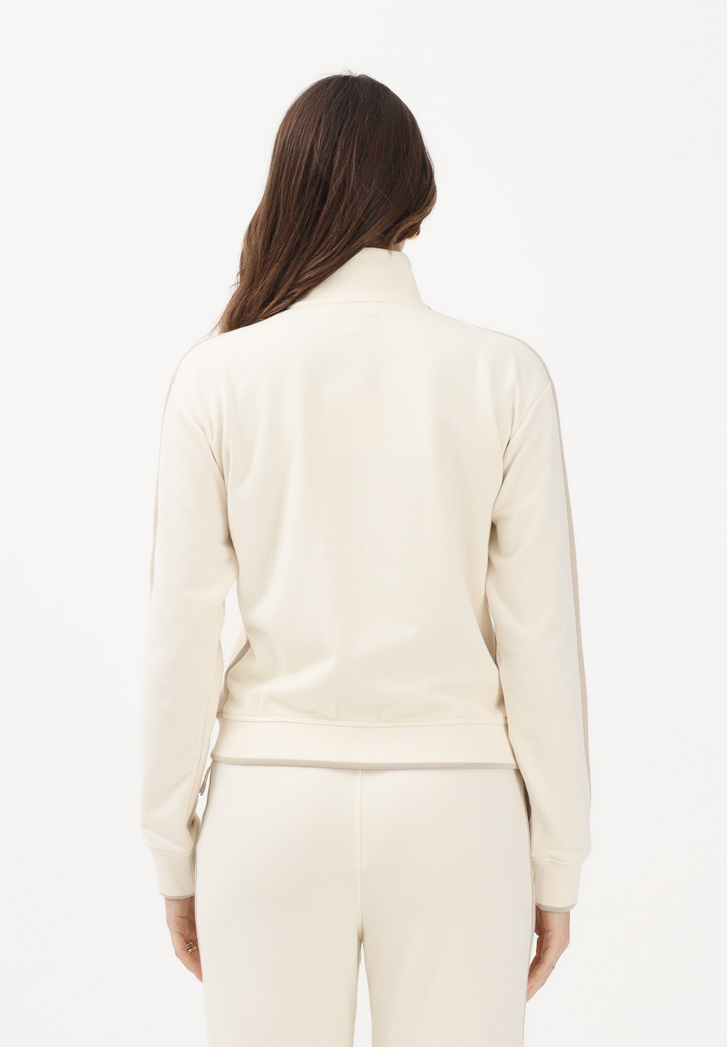 CALVIN KLEIN JEANS Felpa con zip beige da donna rifinita da logo e bande a contrasto LV047E226GYAC . CALVIN KLEIN JEANS 