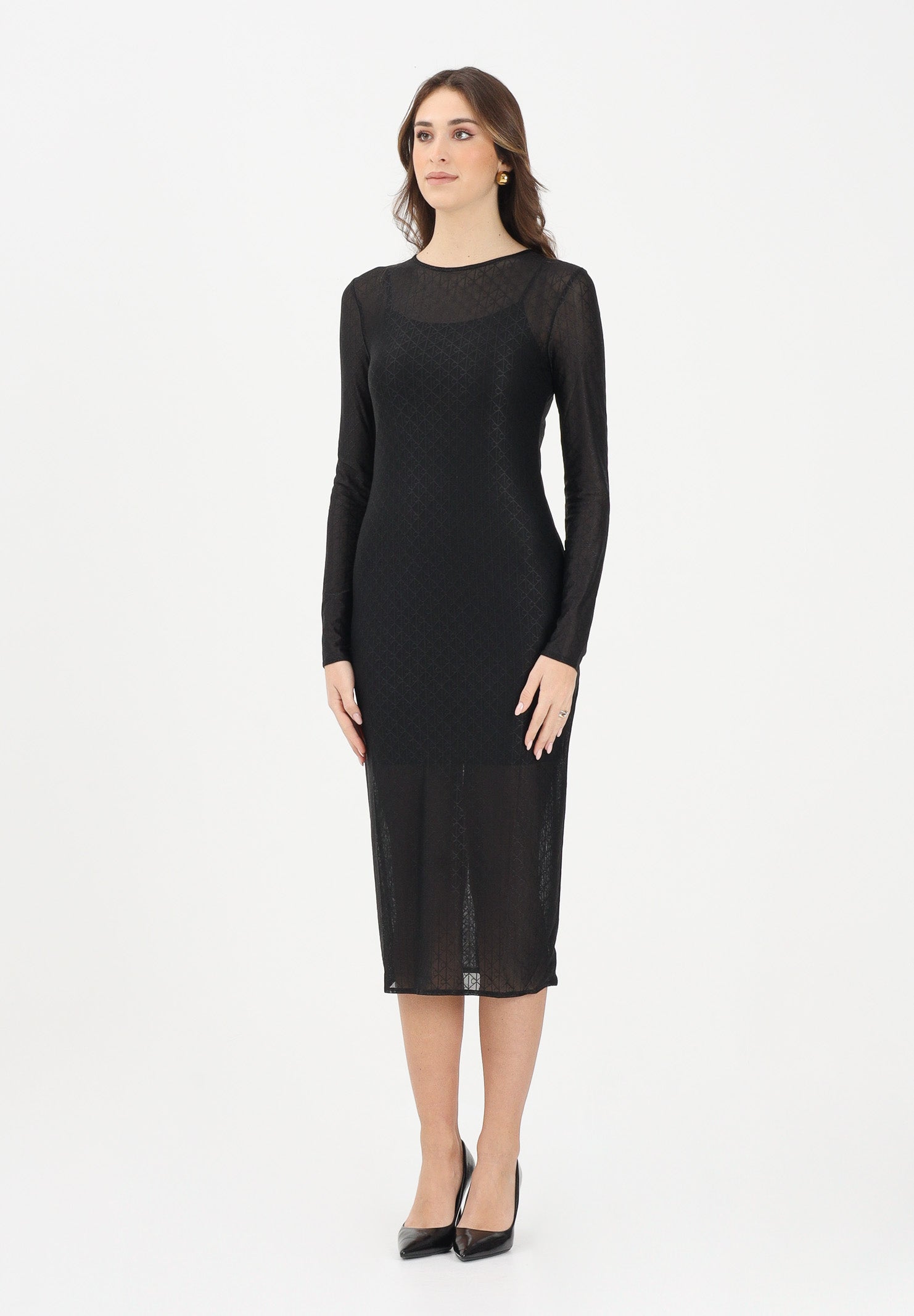 CALVIN KLEIN JEANS Abito midi nero da donna con fettuccia con emblem logo all-over LV047E229GUB1 . CALVIN KLEIN JEANS 