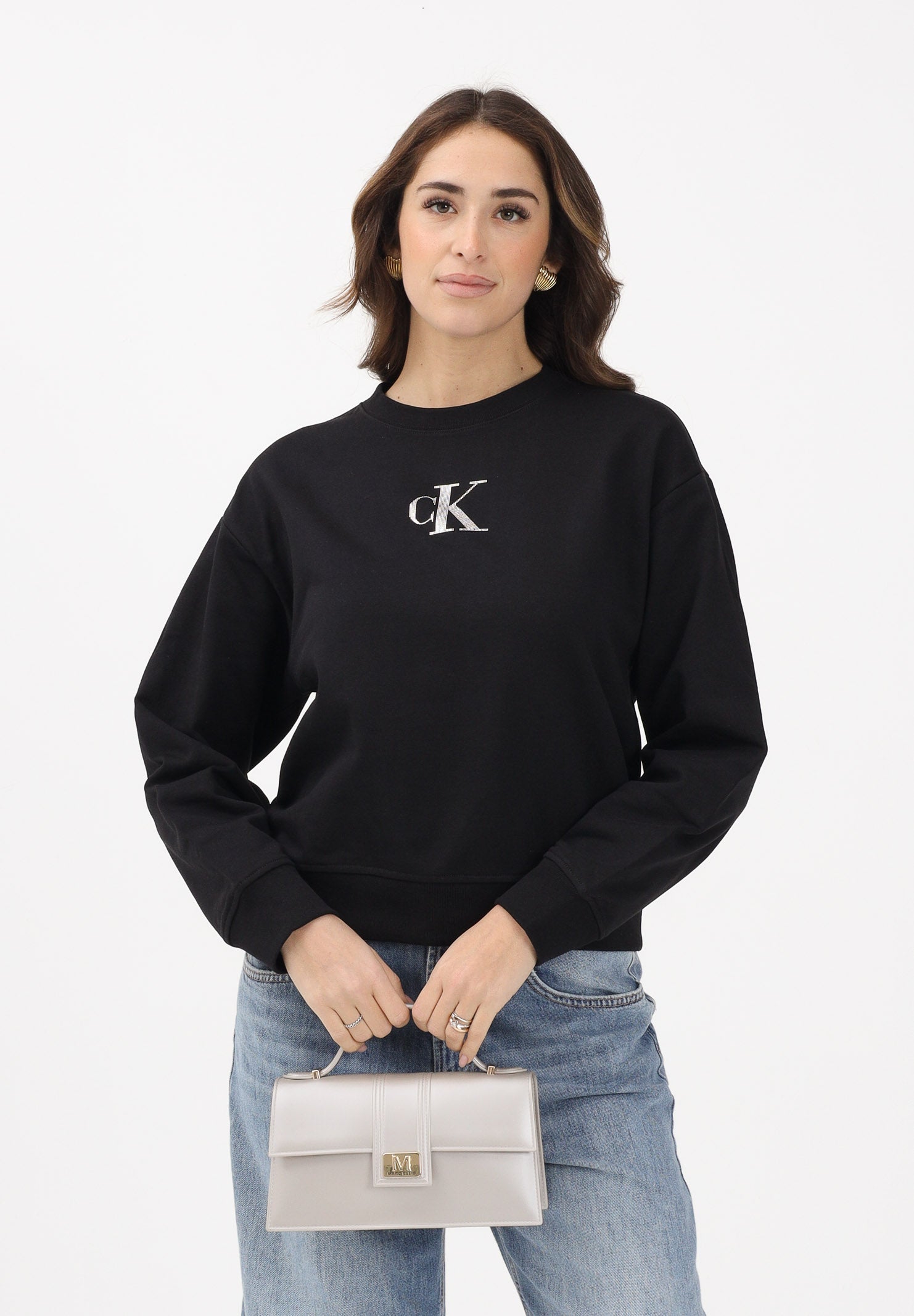 CALVIN KLEIN JEANS Felpa girocollo nera da donna con logo LV047E828GUB1 . CALVIN KLEIN JEANS 