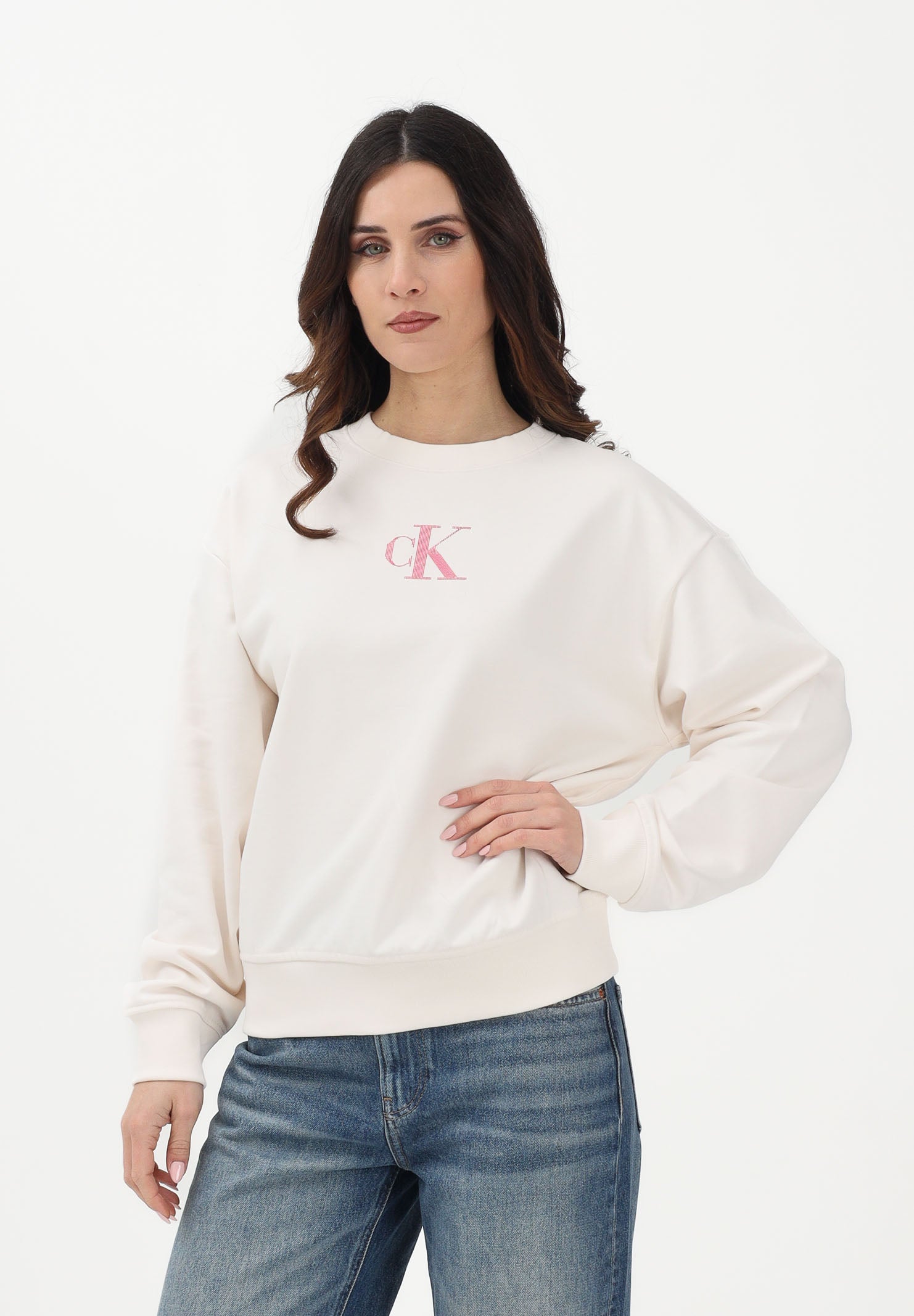 CALVIN KLEIN JEANS Felpa girocollo panna da donna con logo LV047E828GYBH . CALVIN KLEIN JEANS 