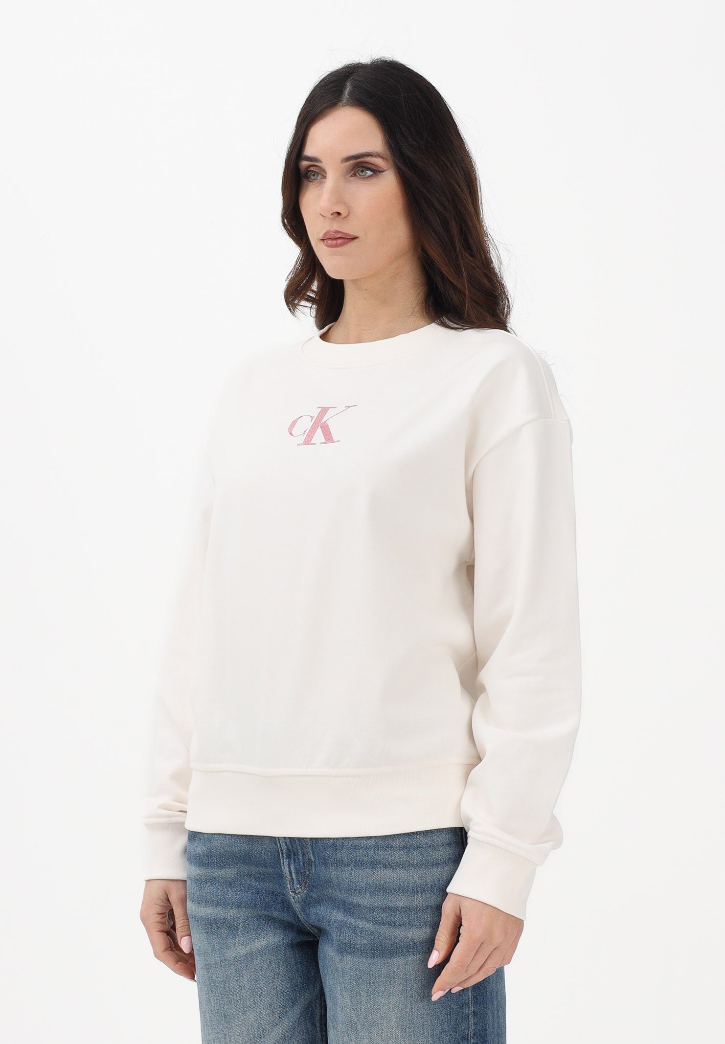 CALVIN KLEIN JEANS Felpa girocollo panna da donna con logo LV047E828GYBH . CALVIN KLEIN JEANS 