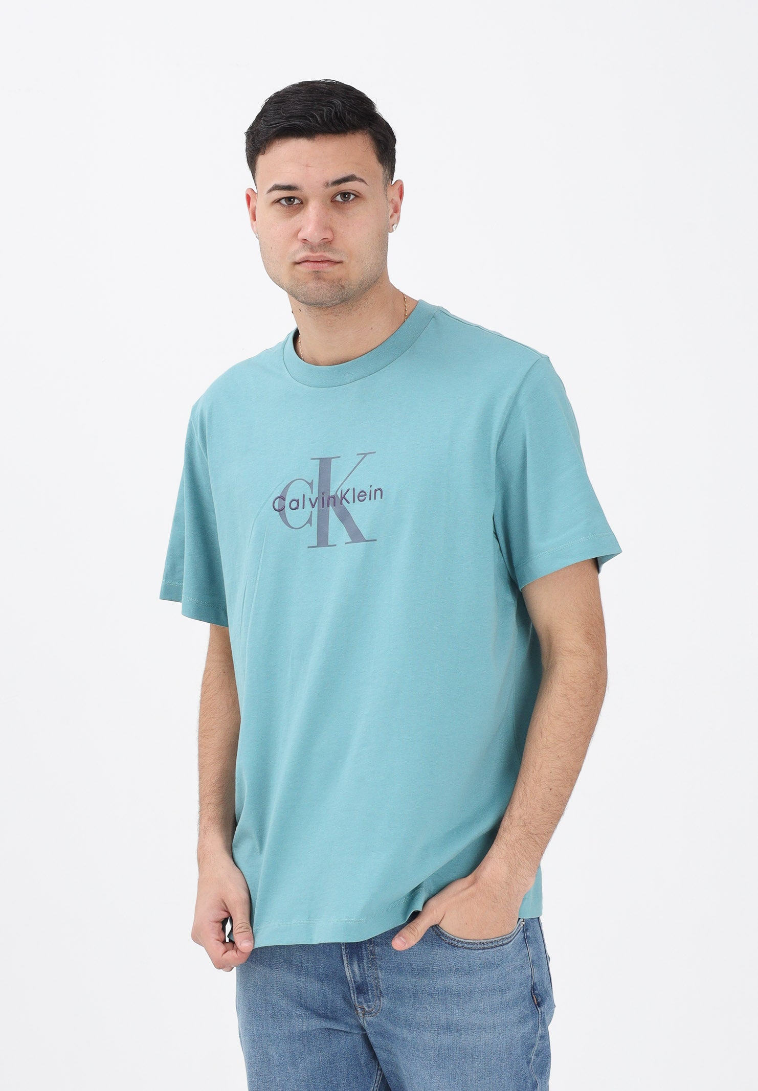 CALVIN KLEIN JEANS T-shirt a manica corta turchese da uomo con stampa logo LV04RB862G2IR . CALVIN KLEIN JEANS 