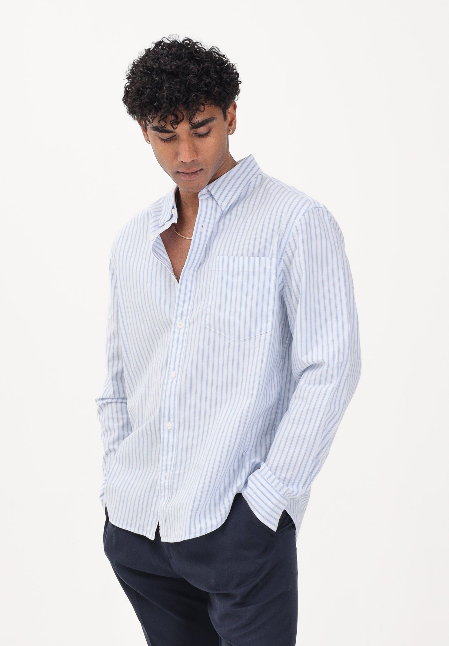 CALVIN KLEIN JEANS Camicia a manica lunga bianca da uomo con fantasia a righe sottili azzurre LV04RF100G C32 CALVIN KLEIN JEANS 