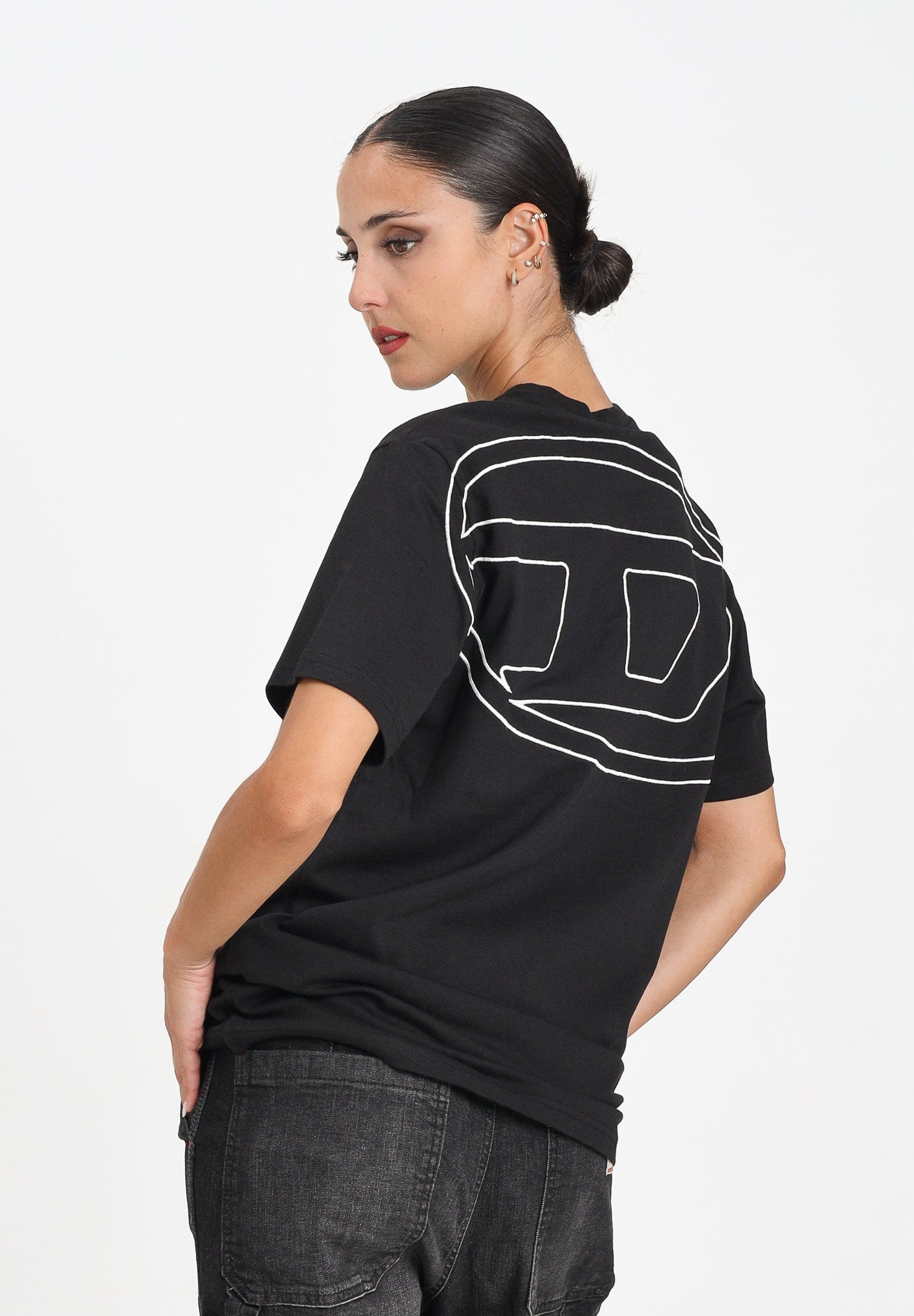 DIESEL T-shirt a manica corta nera per donna, ragazzi e bambini con logo Oval D J022760HGAM K900 DIESEL 