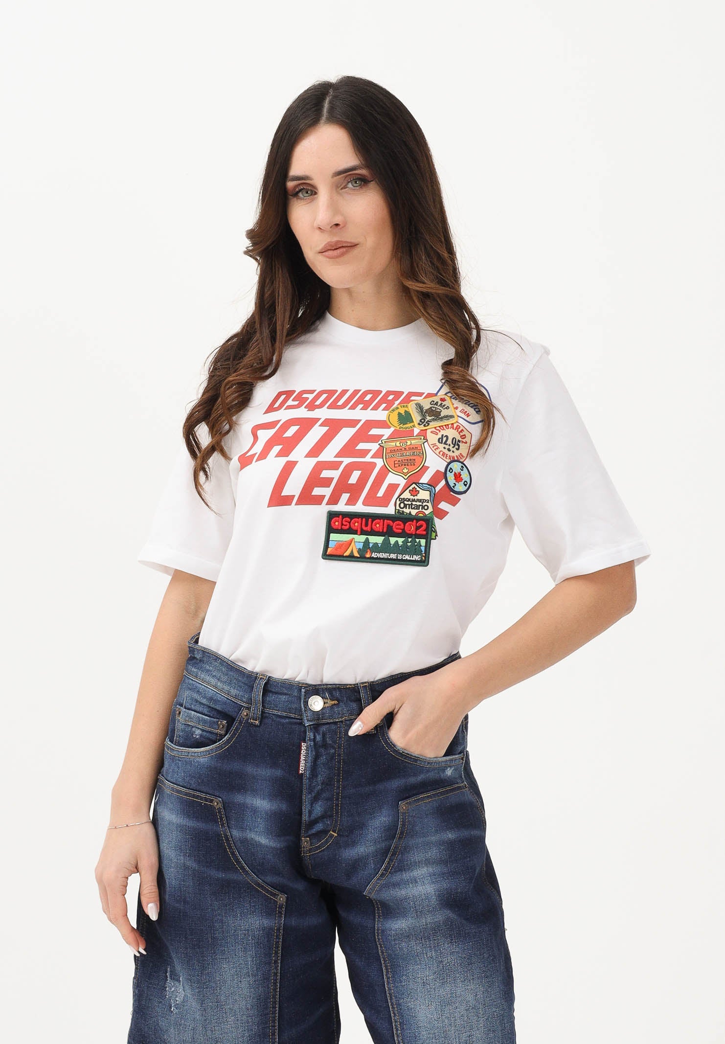 DSQUARED2 T-shirt a manica corta bianca per donna, ragazzi e bambini con logo applicato e patch DQ3165D0ACD DQ100 DSQUARED2 