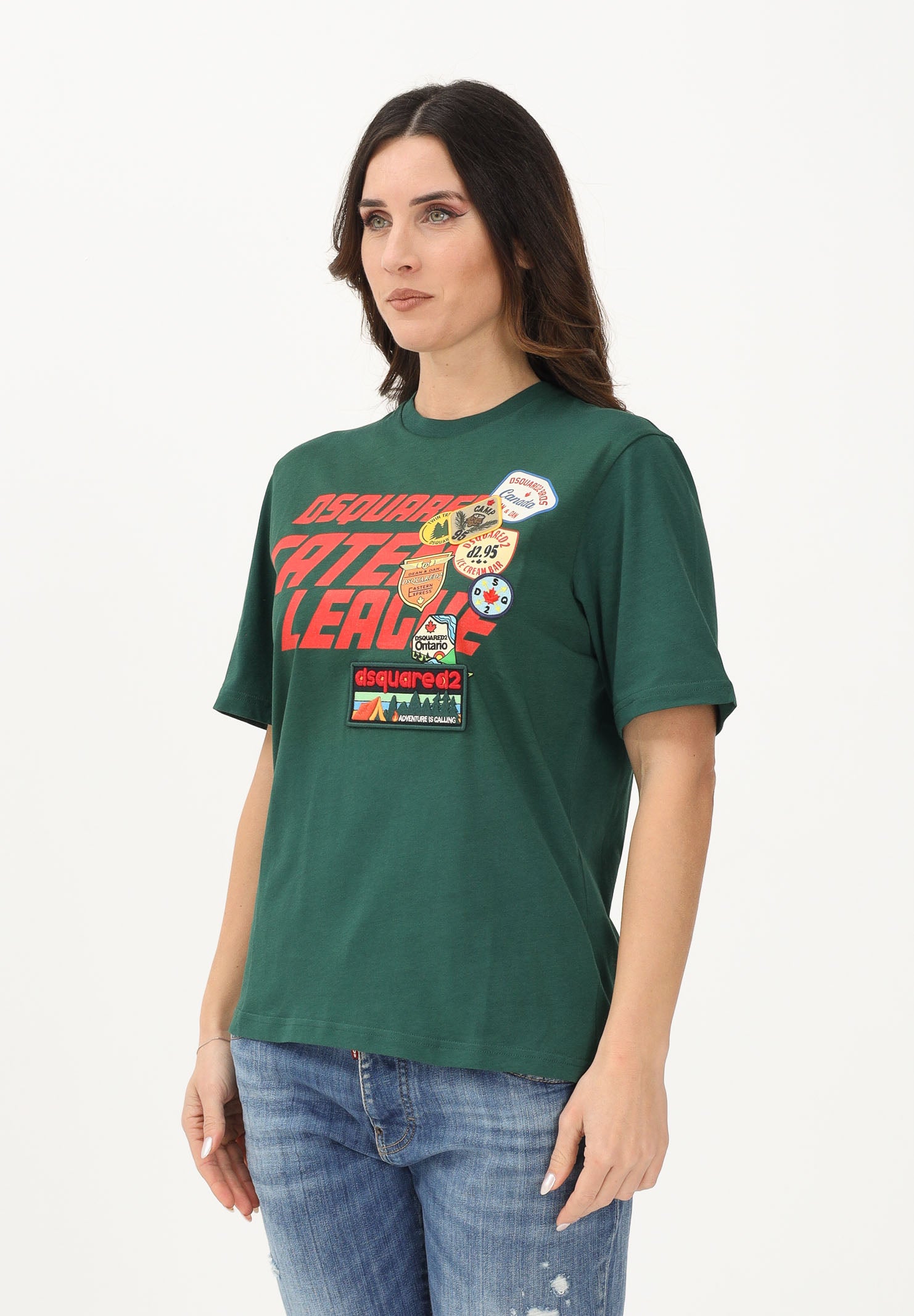 DSQUARED2 T-shirt a manica corta verde per donna, ragazzi e bambini con logo applicato e patch DQ3165D0ACD DQ522 DSQUARED2 