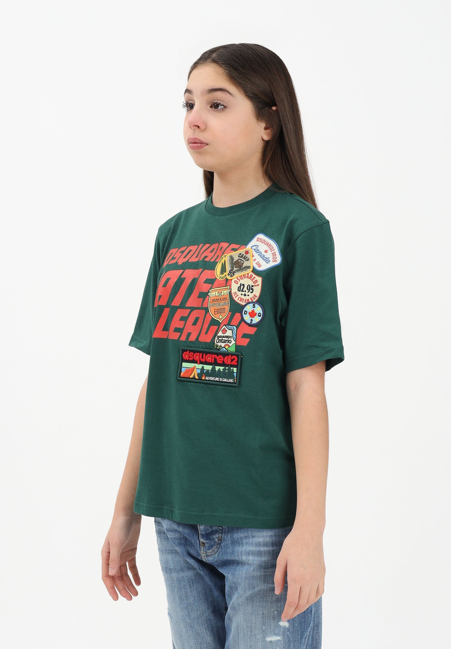 DSQUARED2 T-shirt a manica corta verde per donna, ragazzi e bambini con logo applicato e patch DQ3165D0ACD DQ522 DSQUARED2 