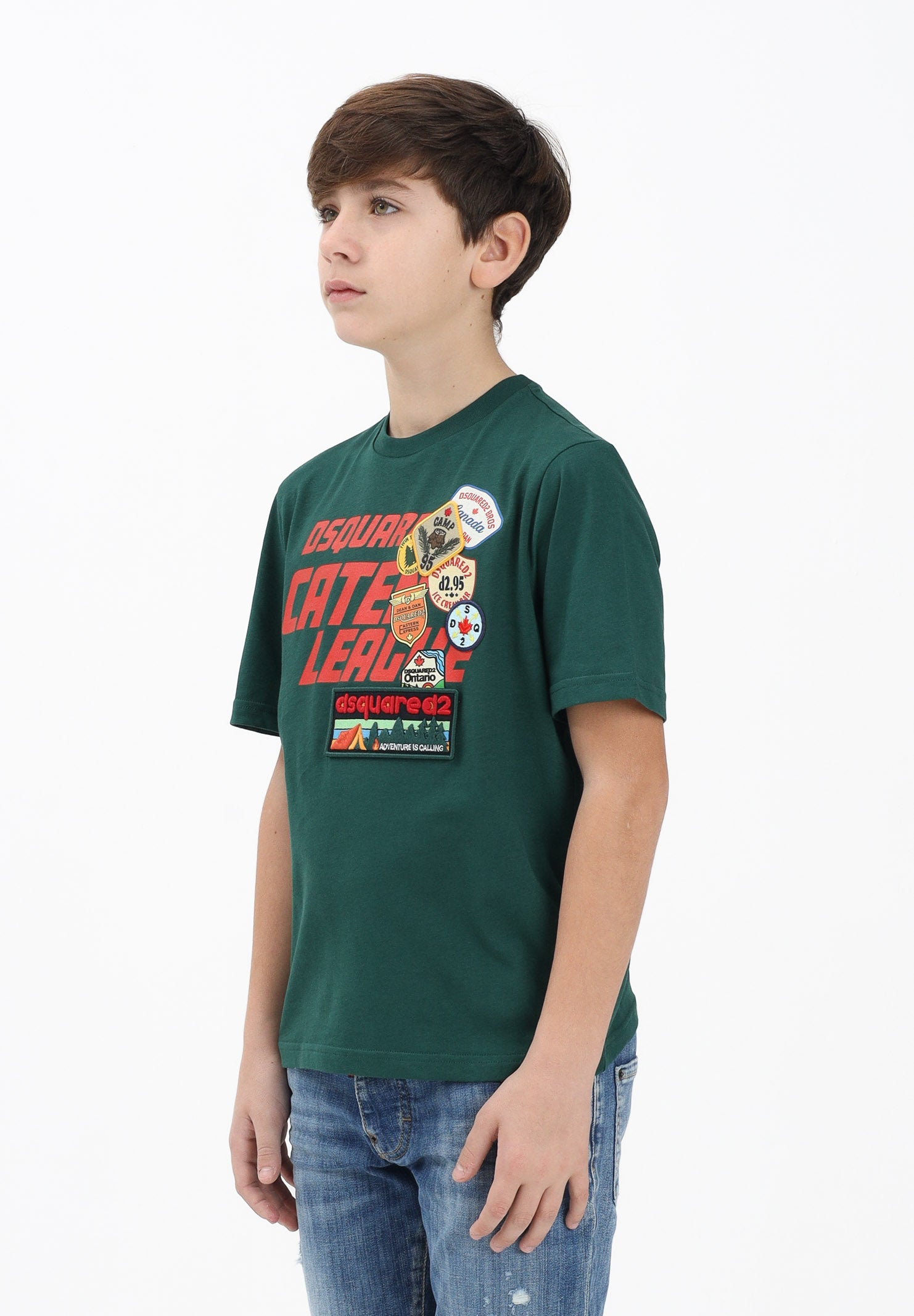 DSQUARED2 T-shirt a manica corta verde per donna, ragazzi e bambini con logo applicato e patch DQ3165D0ACD DQ522 DSQUARED2 
