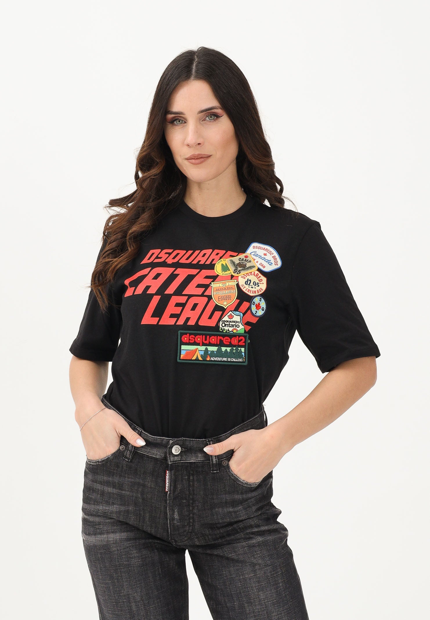 DSQUARED2 T-shirt a manica corta nera per donna, ragazzi e bambini con logo applicato e patch DQ3165D0ACD DQ900 DSQUARED2 