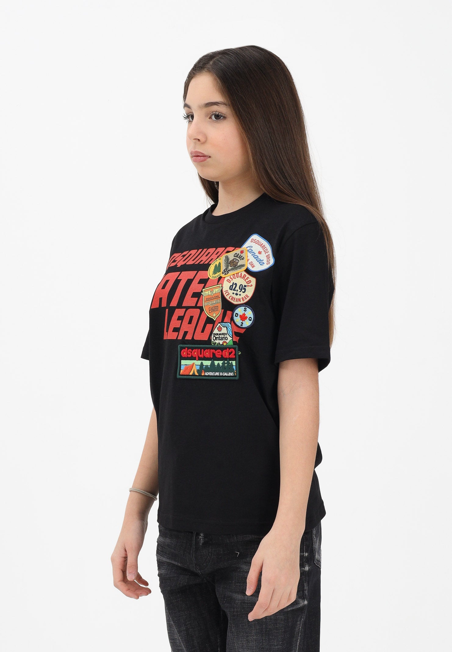 DSQUARED2 T-shirt a manica corta nera per donna, ragazzi e bambini con logo applicato e patch DQ3165D0ACD DQ900 DSQUARED2 