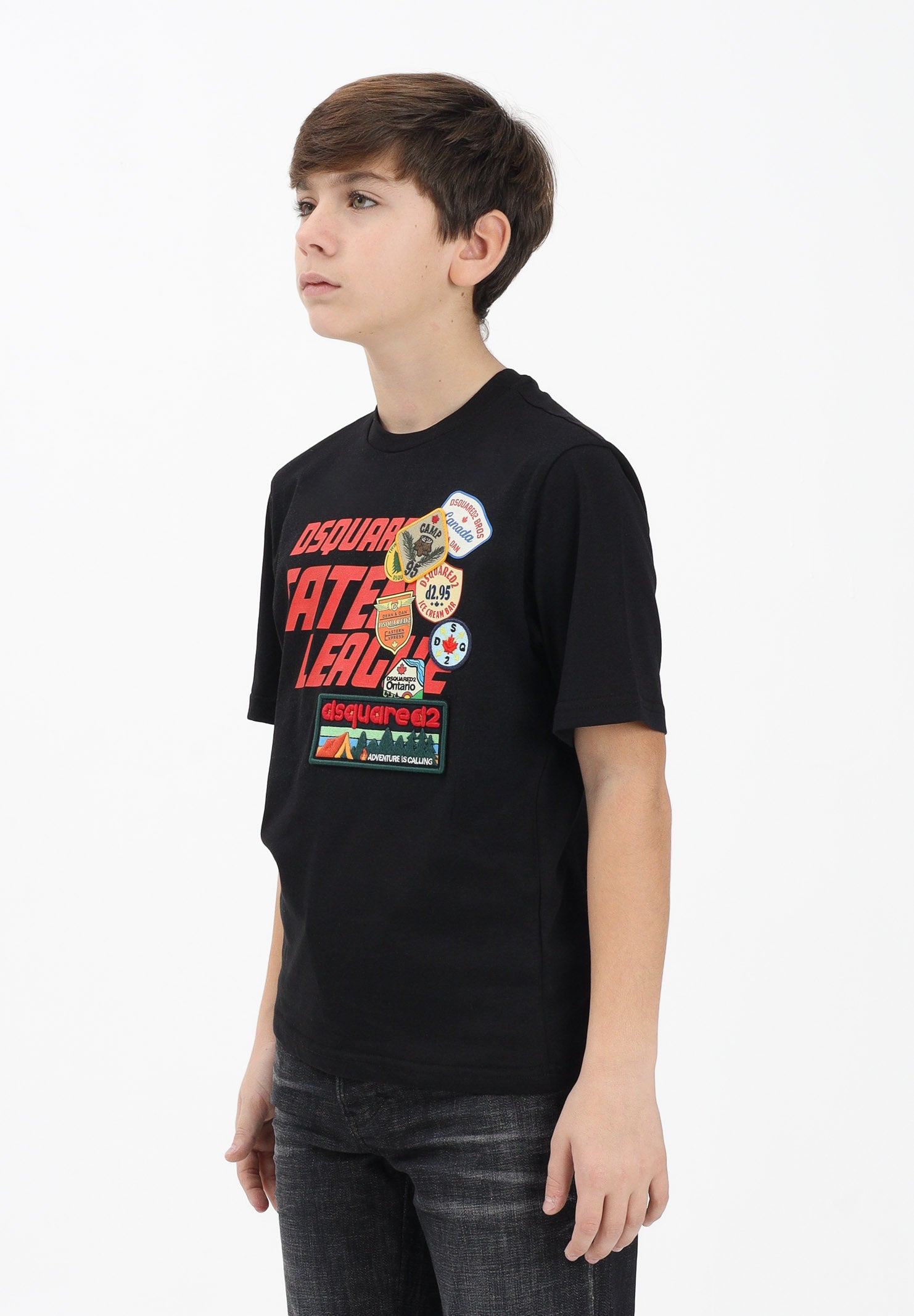 DSQUARED2 T-shirt a manica corta nera per donna, ragazzi e bambini con logo applicato e patch DQ3165D0ACD DQ900 DSQUARED2 
