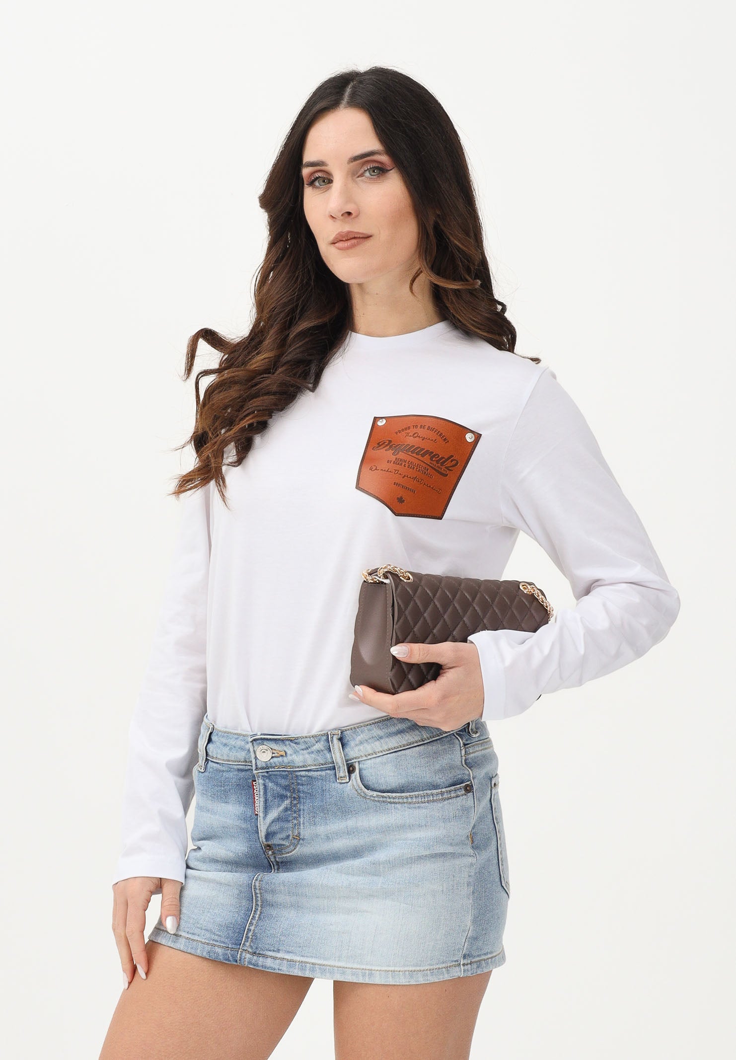 DSQUARED2 T-shirt a manica lunga bianca per donna, ragazzi e bambini con applicazione DQ3174D004G DQ100 DSQUARED2 