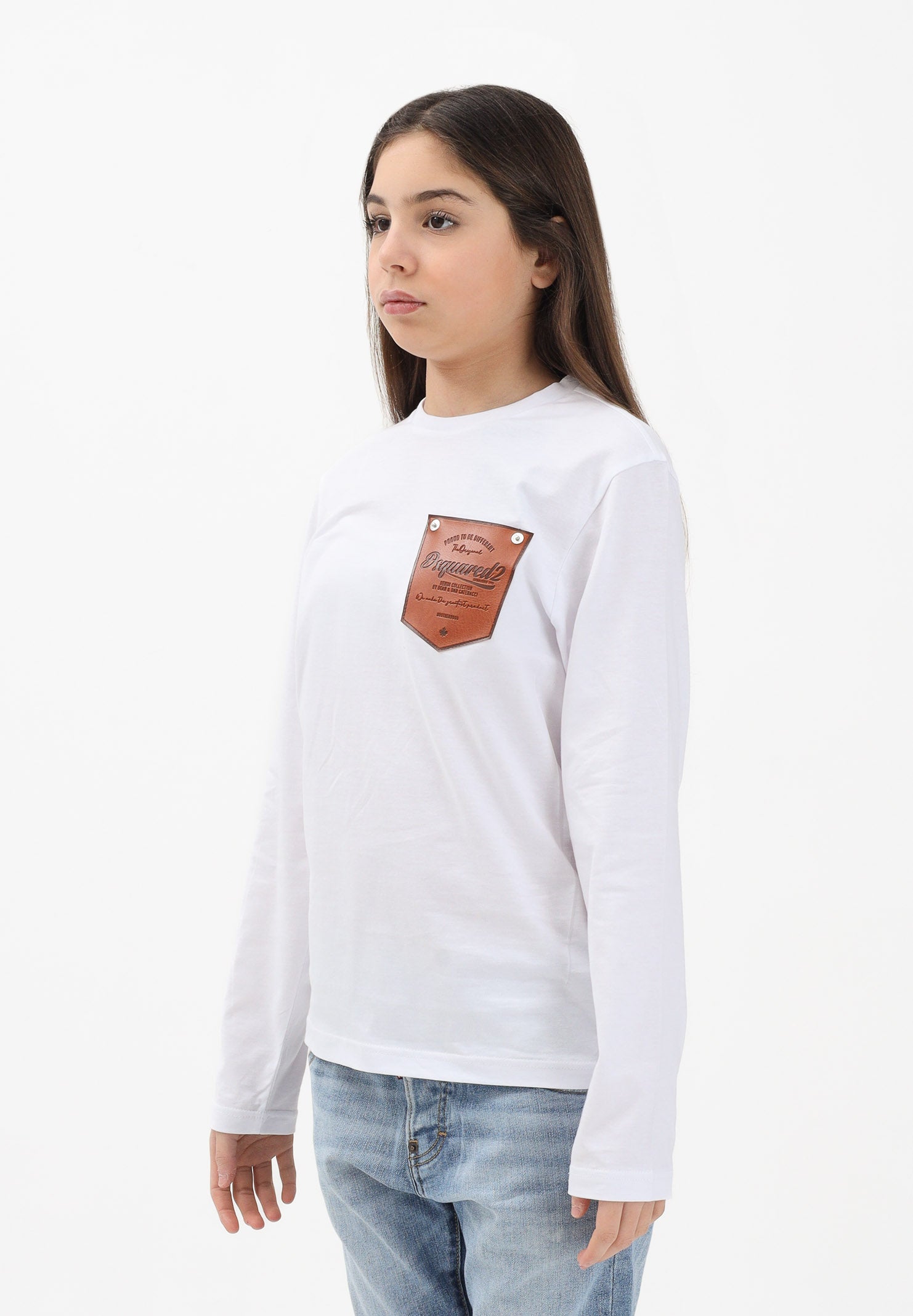 DSQUARED2 T-shirt a manica lunga bianca per donna, ragazzi e bambini con applicazione DQ3174D004G DQ100 DSQUARED2 