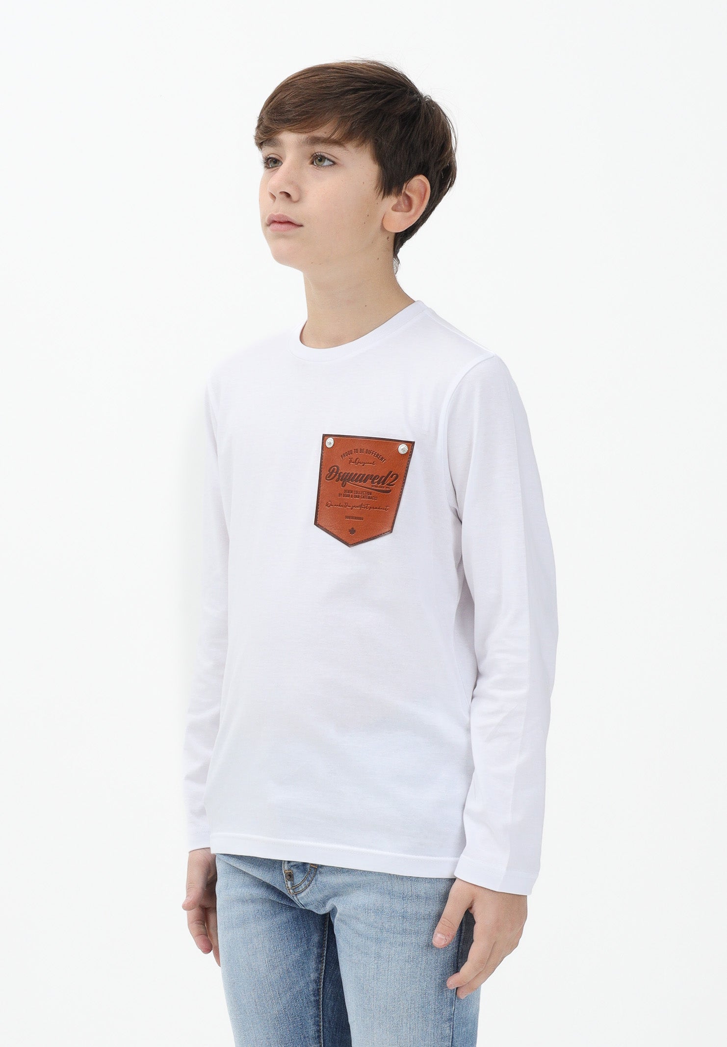 DSQUARED2 T-shirt a manica lunga bianca per donna, ragazzi e bambini con applicazione DQ3174D004G DQ100 DSQUARED2 