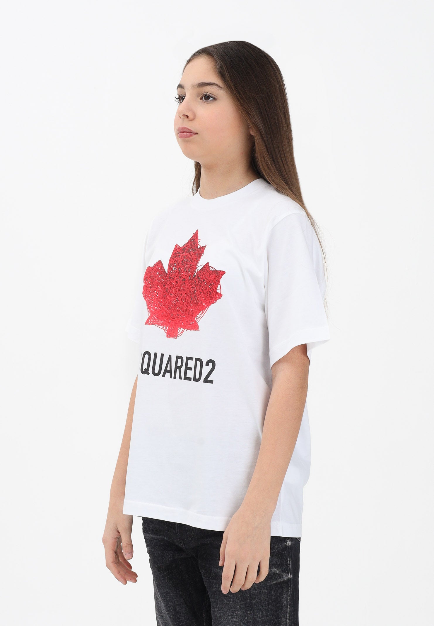 DSQUARED2 T-shirt a manica corta bianca per donna, ragazzi e bambini con logo e maxi foglia d'acero DQ3176D00XM DQ100 DSQUARED2 
