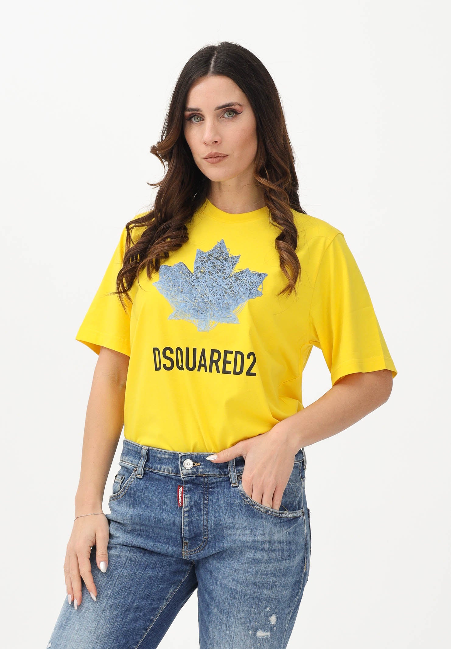 DSQUARED2 T-shirt a manica corta gialla per donna, ragazzi e bambini con logo e maxi foglia d'acero DQ3176D00XM DQ220 DSQUARED2 