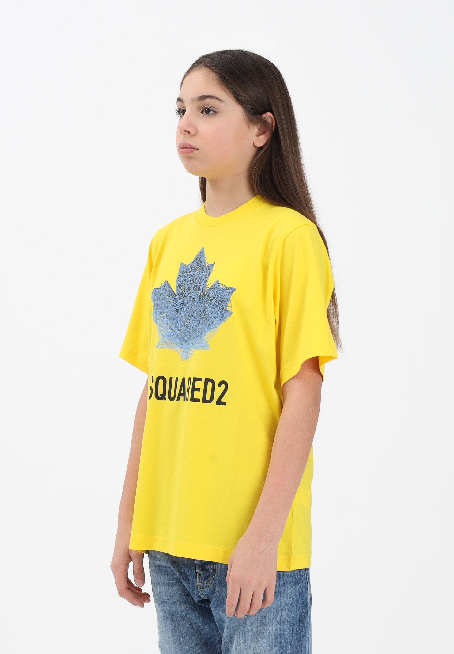 DSQUARED2 T-shirt a manica corta gialla per donna, ragazzi e bambini con logo e maxi foglia d'acero DQ3176D00XM DQ220 DSQUARED2 