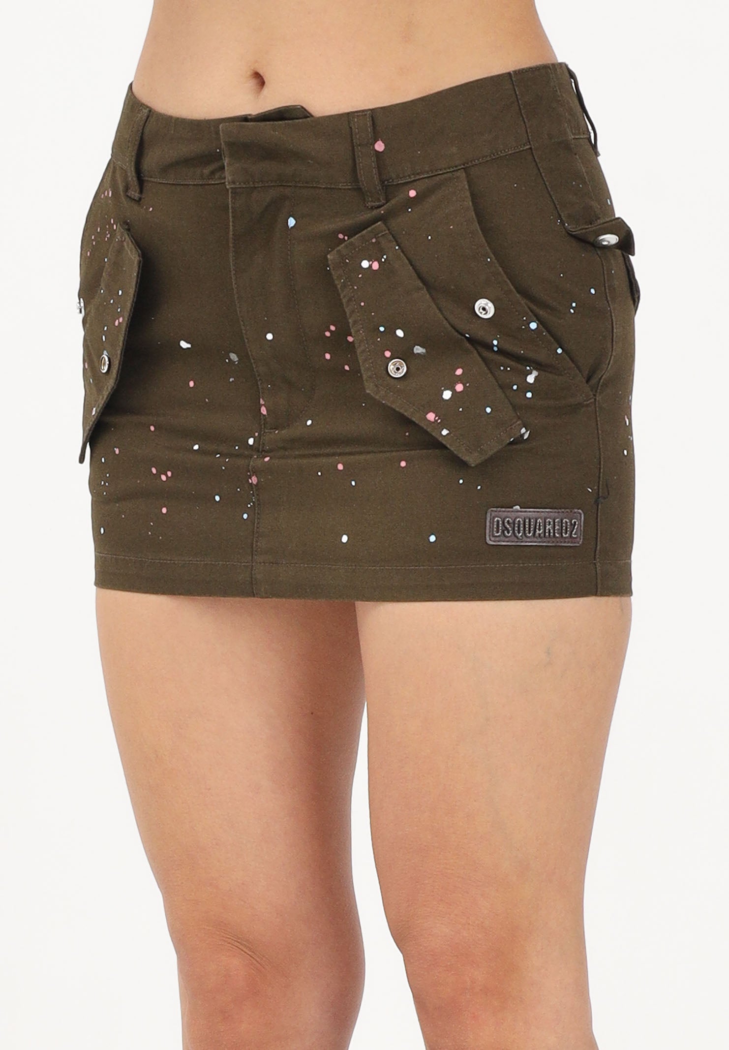 DSQUARED2 Gonna corta verde militare per donna, ragazze e bambine arricchita da effetto paint splatter DQ3217D0AGH DQ558 DSQUARED2 