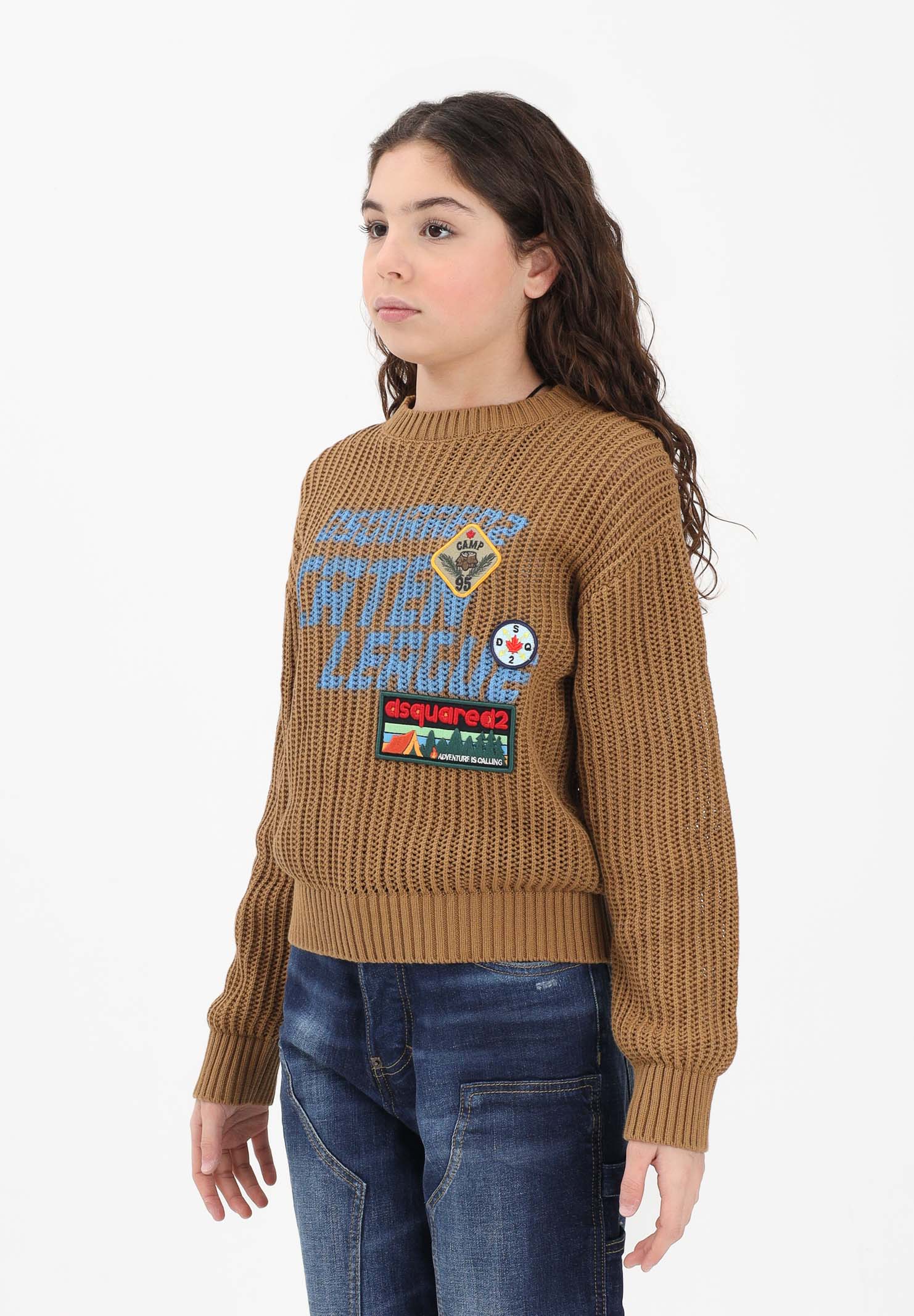 DSQUARED2 Maglioncino girocollo marrone per donna, bambino e bambina con maxi logo e patch DQ3243D0AGR DQ730 DSQUARED2 