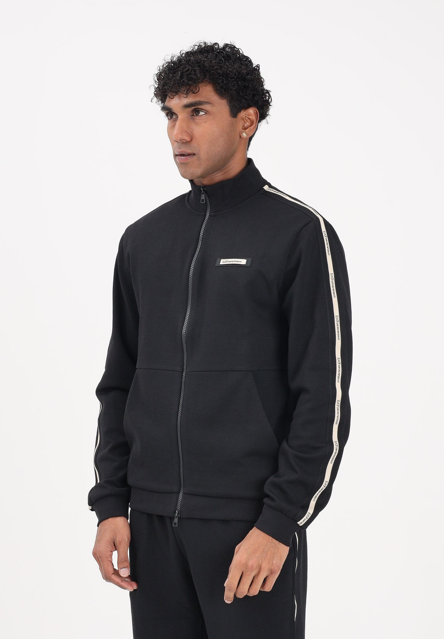 EA7 Felpa con zip nera da uomo caratterizzata da bande logate a contrasto 7M001479AF12660 UC001 EA7 