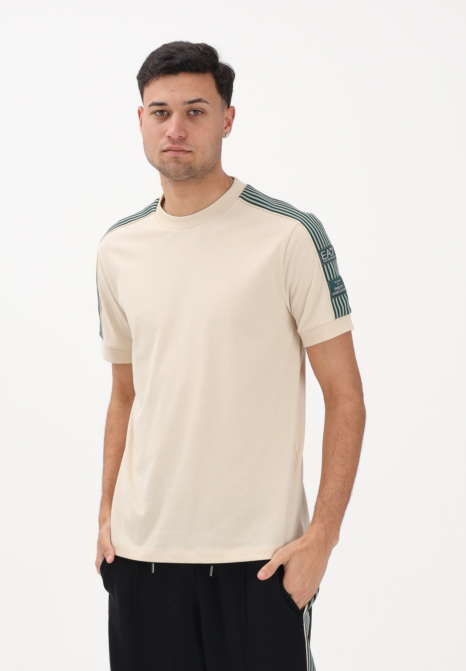 EA7 T-shirt a manica corta beige da uomo con dettaglio in gors sulle spalle e logo EA7 7M001507AF16548 U1088 EA7 