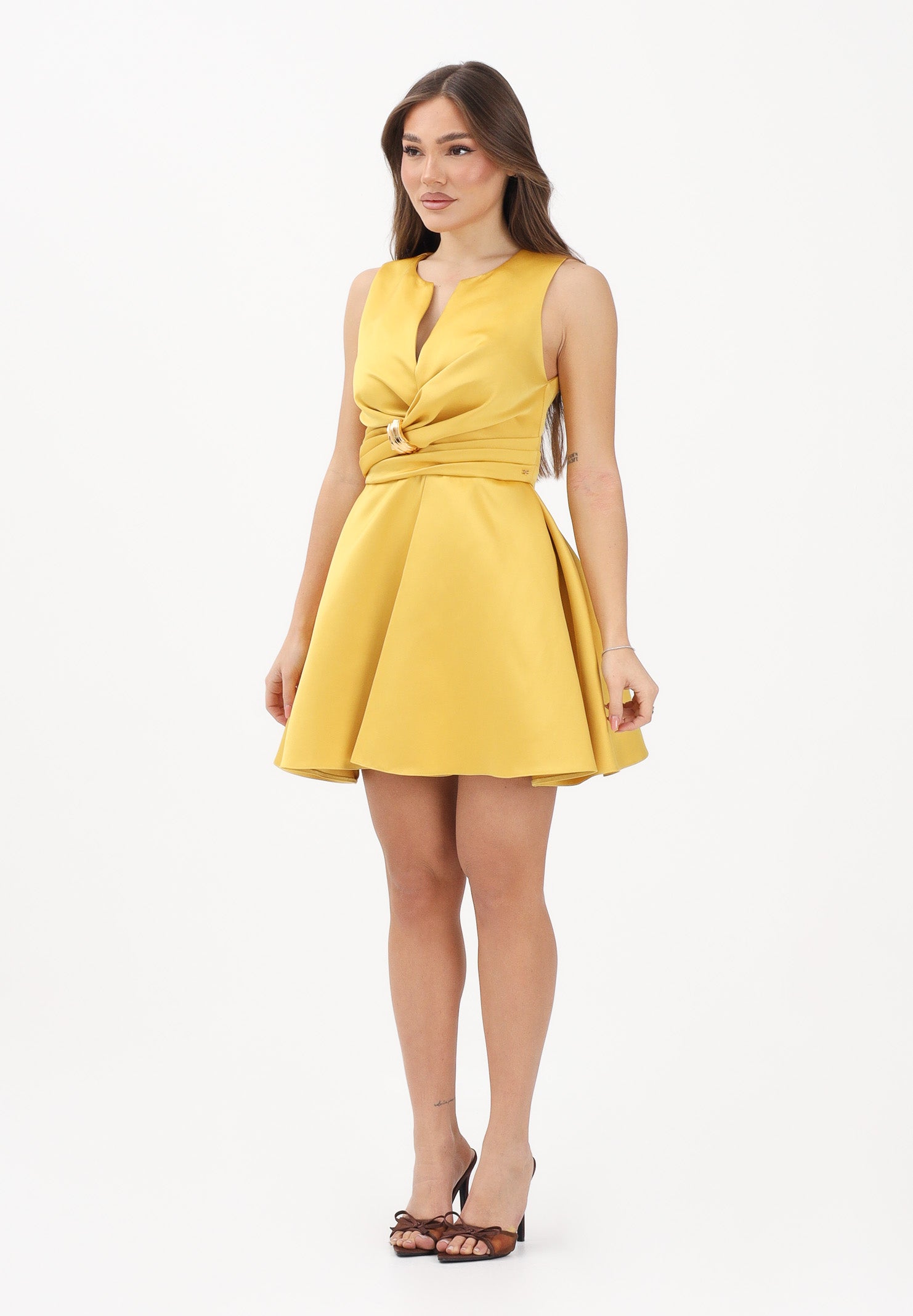 ELISABETTA FRANCHI Abito corto giallo da donna con dettaglio gioiello<BR/> AB87261E2 EV4 ELISABETTA FRANCHI 