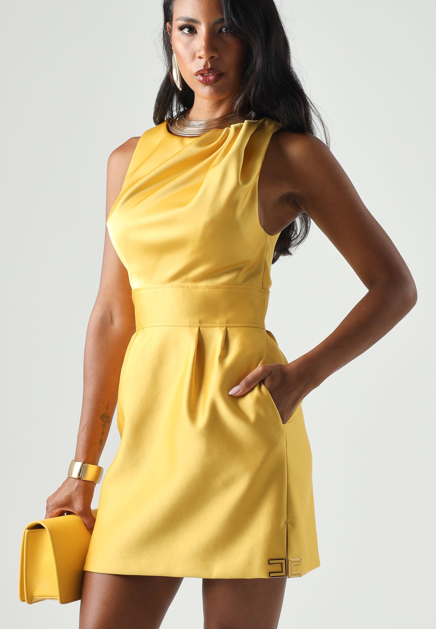 ELISABETTA FRANCHI abito corto elegante in duchesse giallo Sun donna. AB87561E2 EV4 ELISABETTA FRANCHI 
