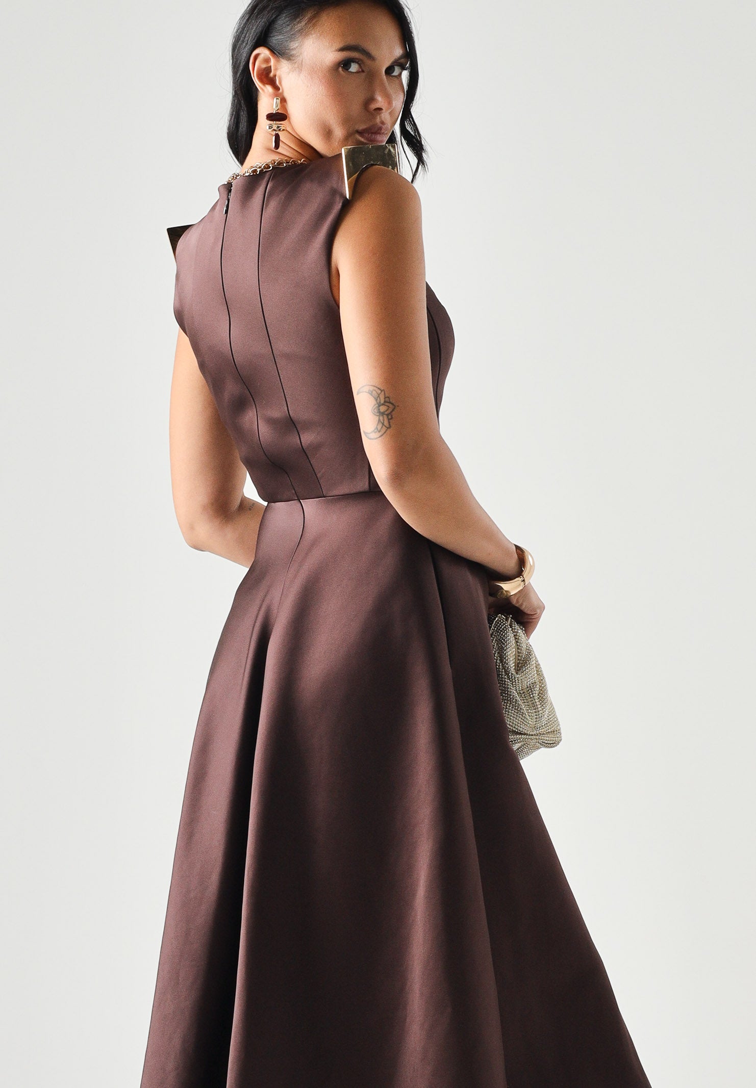 ELISABETTA FRANCHI abito midi in duchesse cacao marrone  donna. AB95462E2 644 ELISABETTA FRANCHI 
