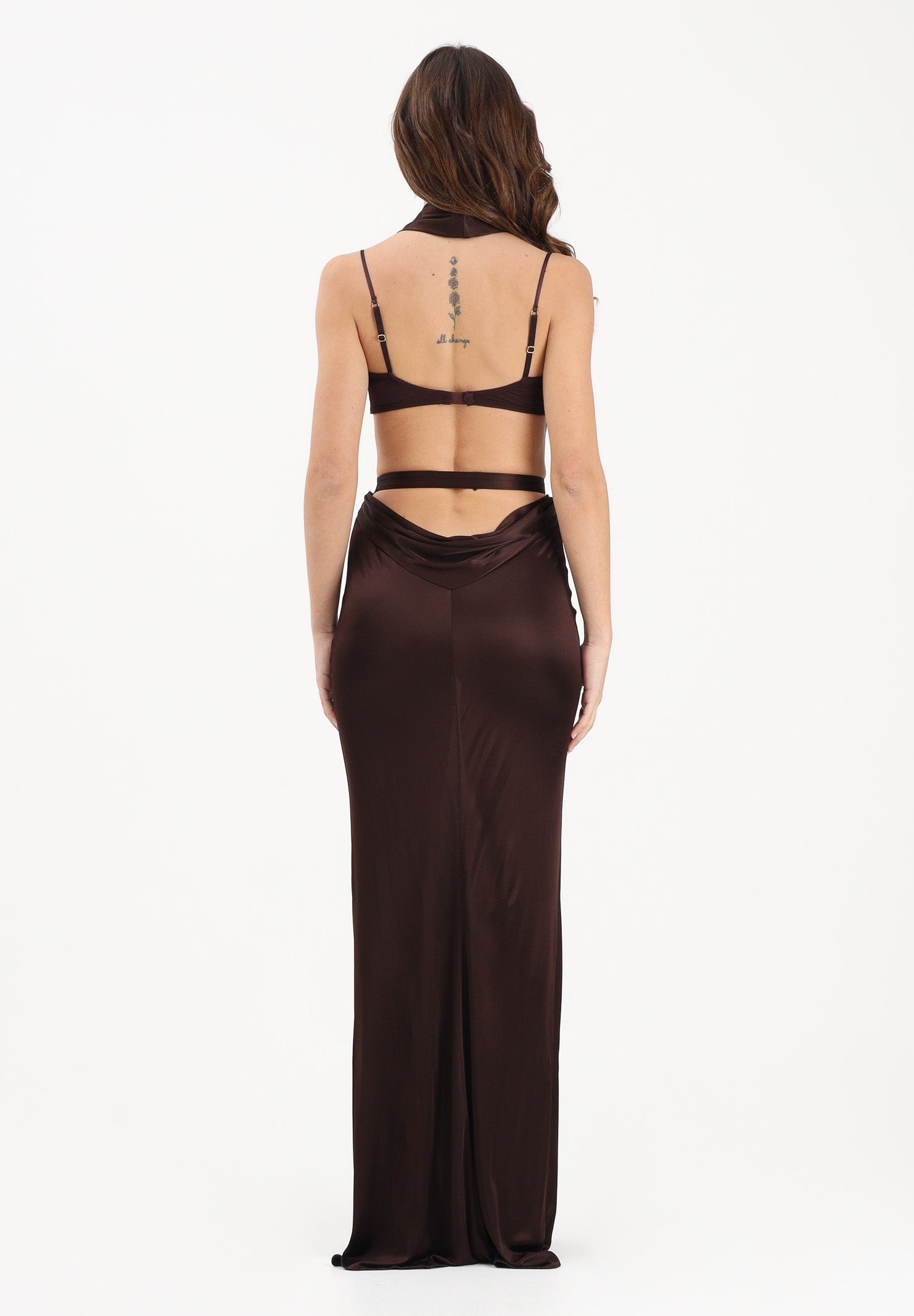 ELISABETTA FRANCHI Abito lungo cacao da donna in jersey di viscosa lucida ABR1361E2 644 ELISABETTA FRANCHI 