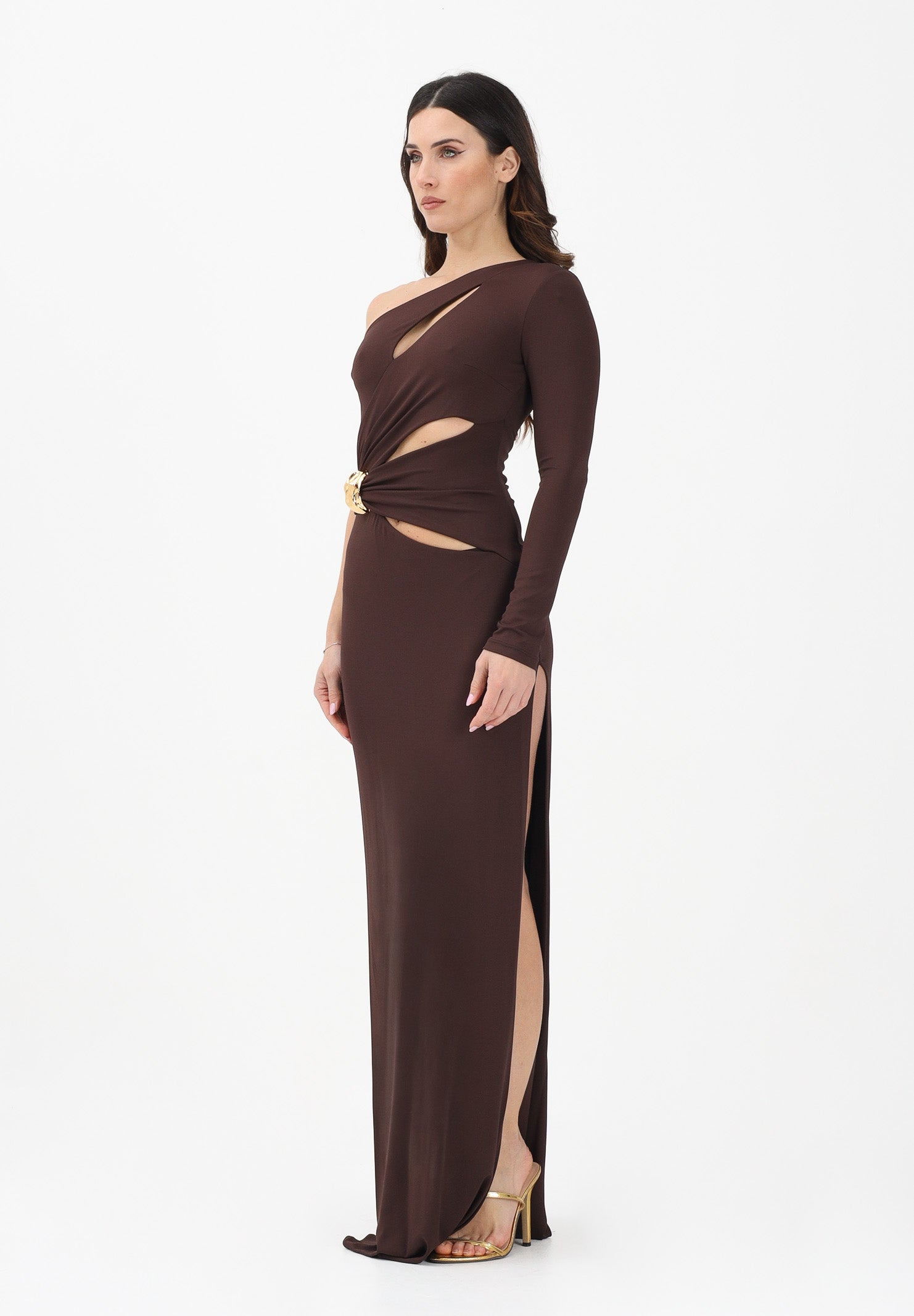 ELISABETTA FRANCHI Abito lungo marrone da donna con dettaglio gioiello<BR/> ABR2561E2 644 ELISABETTA FRANCHI 