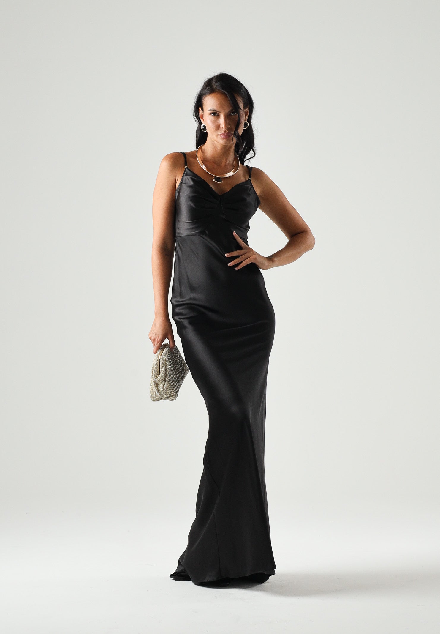 ELISABETTA FRANCHI Abito lungo Red Carpet in raso nero donna ABR3362E2 110 ELISABETTA FRANCHI 