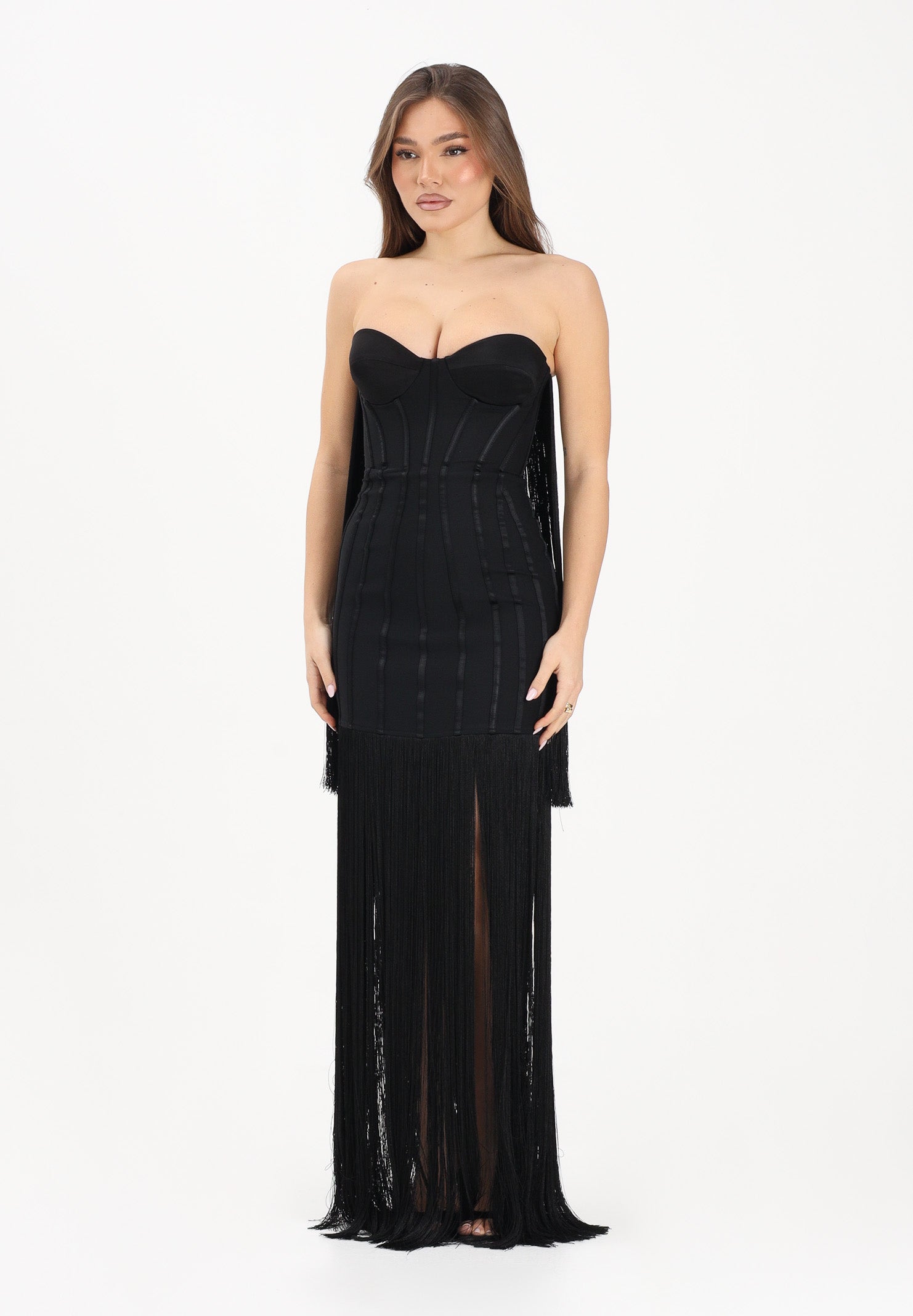 ELISABETTA FRANCHI Abito lungo nero da donna con frange ABR3762E2 110 ELISABETTA FRANCHI 