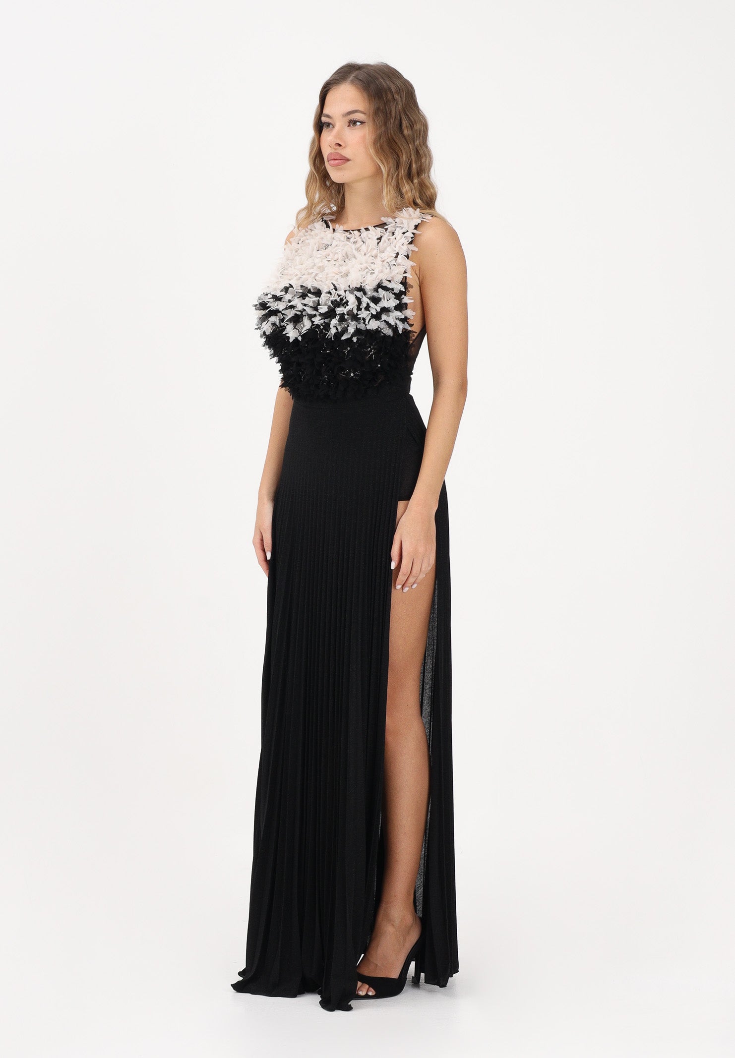 ELISABETTA FRANCHI Abito lungo nero da donna in tulle e jersey lurex ABR4462E2 685 ELISABETTA FRANCHI 