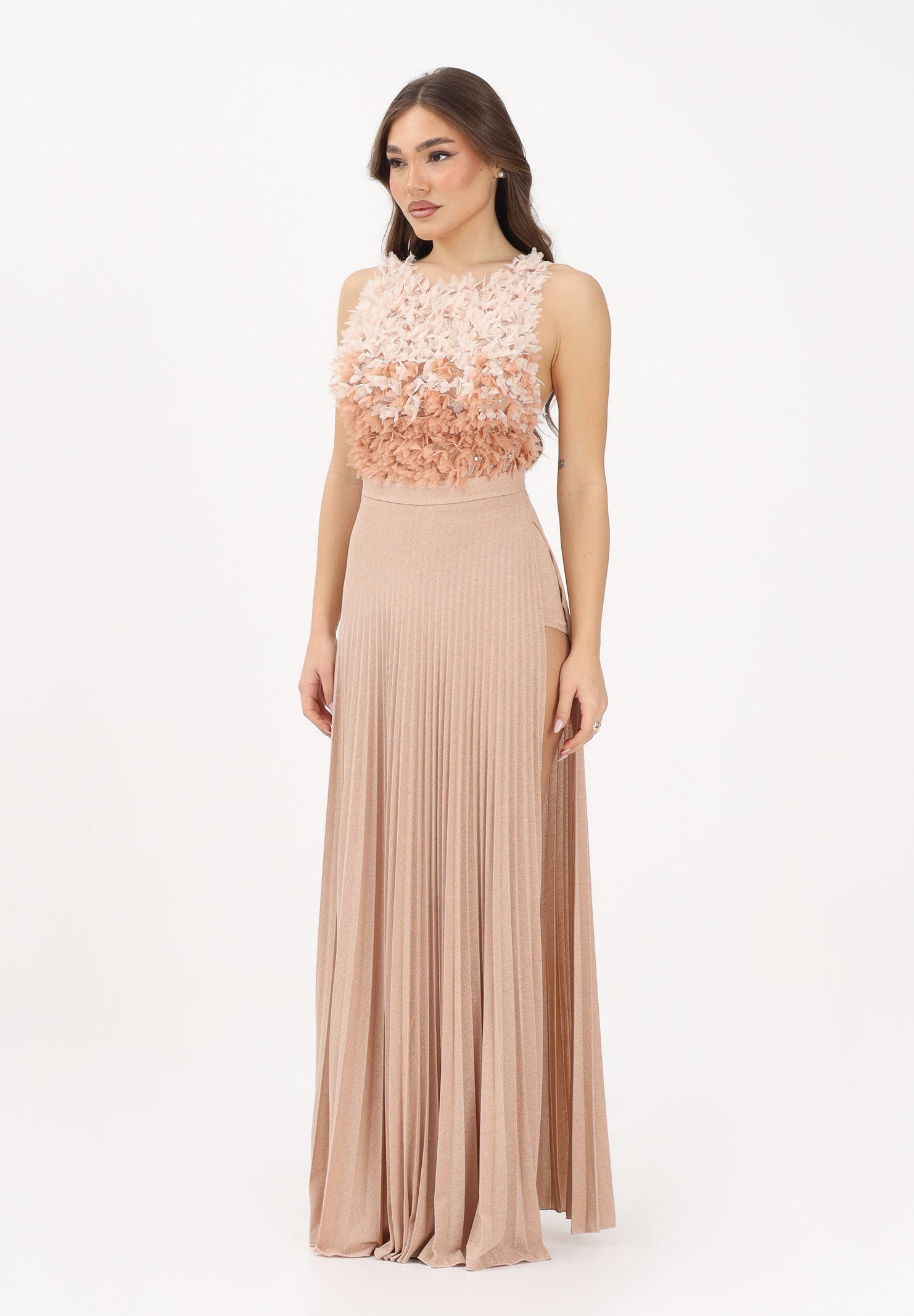 ELISABETTA FRANCHI Abito lungo nude da donna in tulle e jersey lurex ABR4462E2 X81 ELISABETTA FRANCHI 