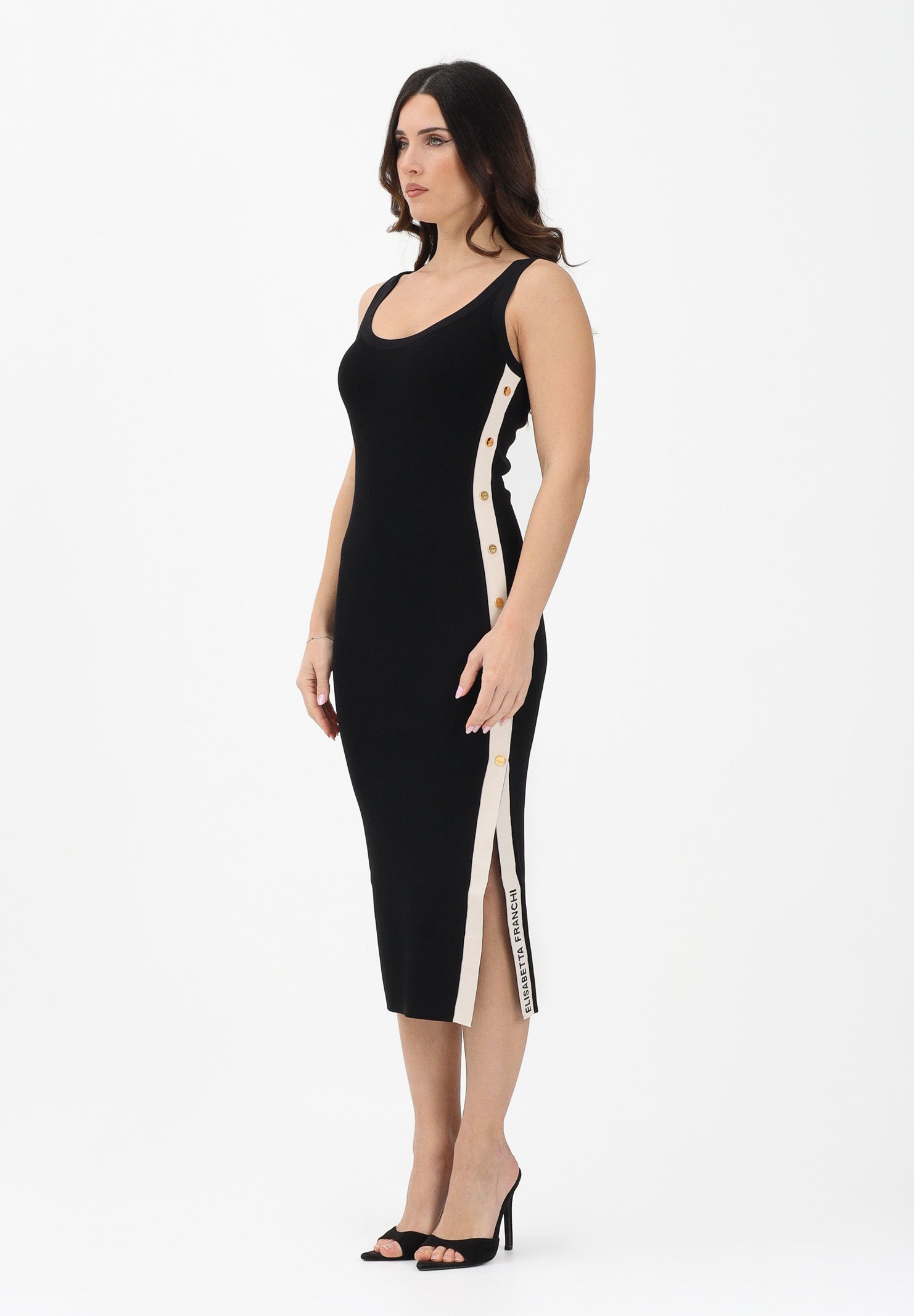 ELISABETTA FRANCHI Abito midi in maglia nero da donna con bande a contrasto AM03S61E2 685 ELISABETTA FRANCHI 