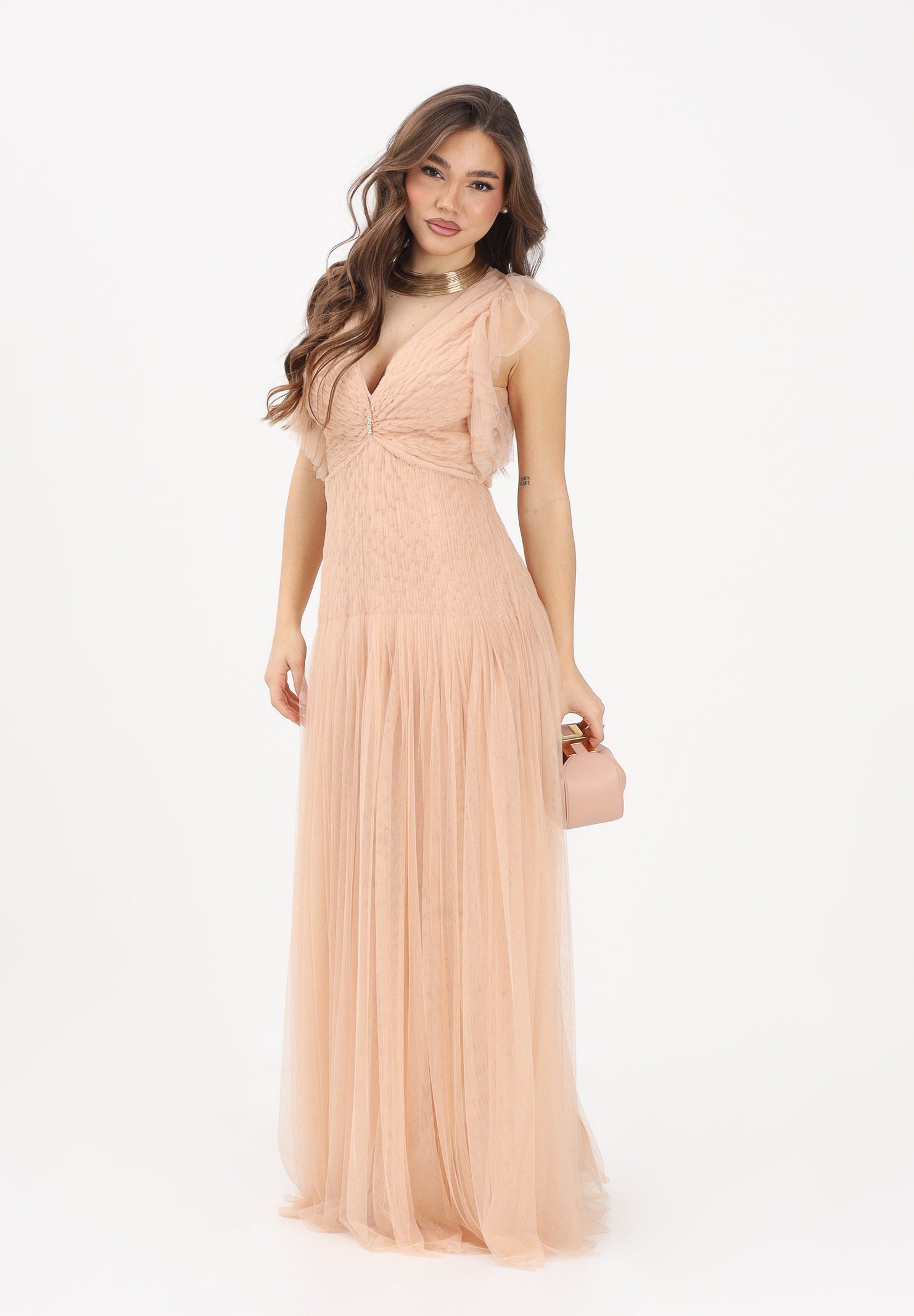 ELISABETTA FRANCHI Abito lungo nude da donna in tulle AR80J62E2 EA1 ELISABETTA FRANCHI 