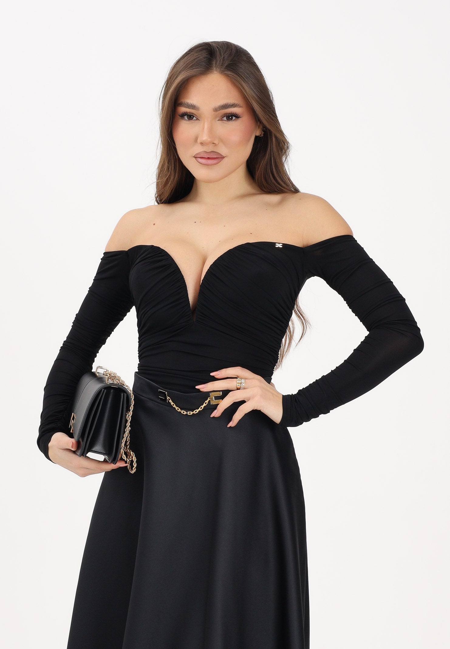 ELISABETTA FRANCHI Body nero da donna con drappeggi<BR/> BO01561E2 110 ELISABETTA FRANCHI 