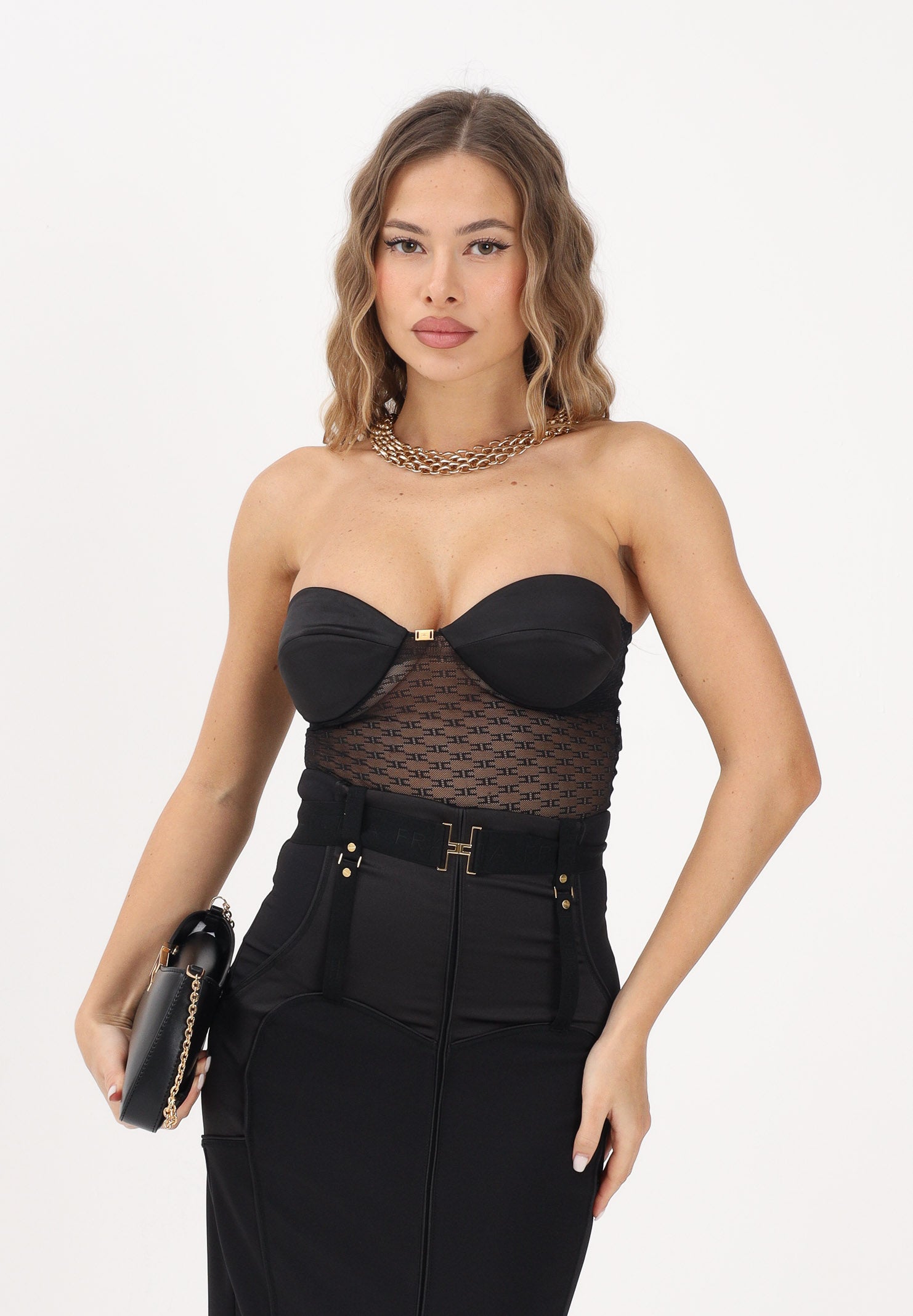 ELISABETTA FRANCHI Body nero da donna in tulle jacquard con monogram BO02662E2 110 ELISABETTA FRANCHI 