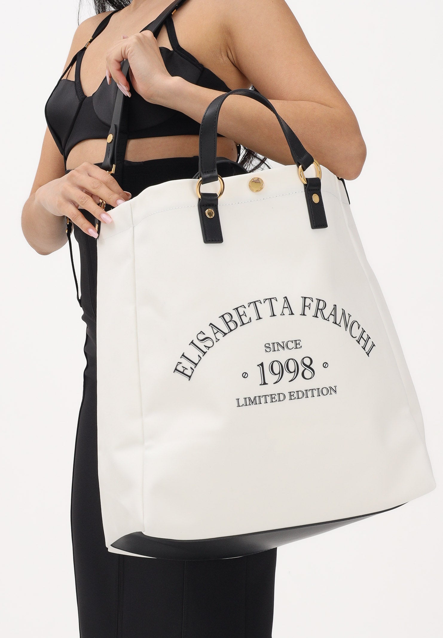 ELISABETTA FRANCHI Borsa mare avorio e nera da donna con logo BS14A62E2 309 ELISABETTA FRANCHI 