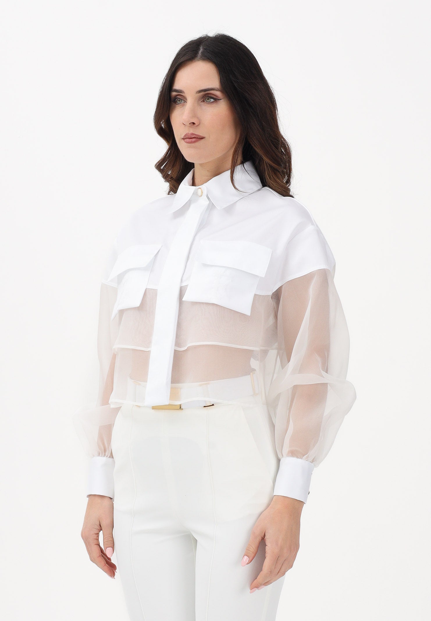 ELISABETTA FRANCHI Camicia a manica lunga bianca da donna con inserto in tulle CA11861E2 360 ELISABETTA FRANCHI 