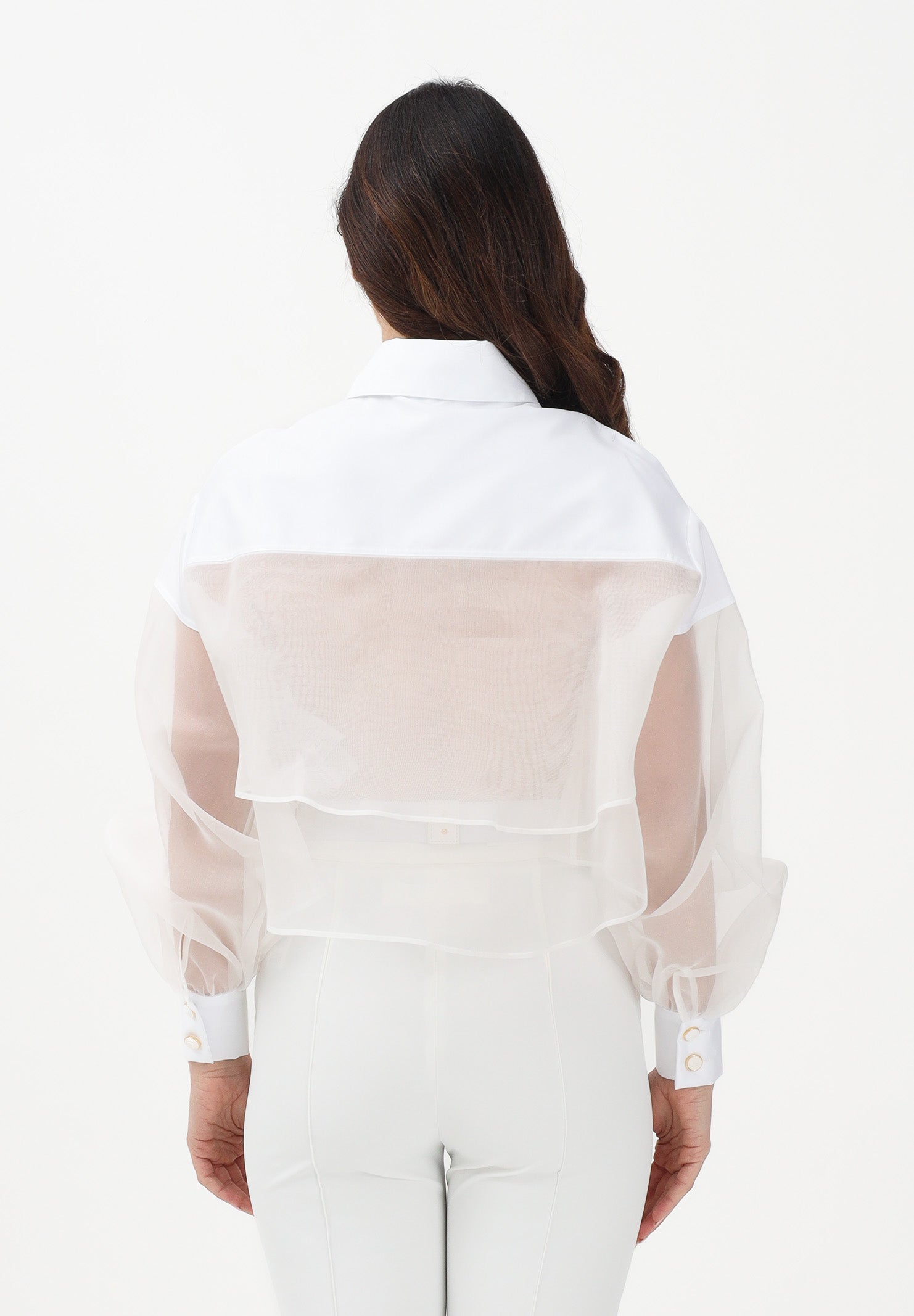 ELISABETTA FRANCHI Camicia a manica lunga bianca da donna con inserto in tulle CA11861E2 360 ELISABETTA FRANCHI 